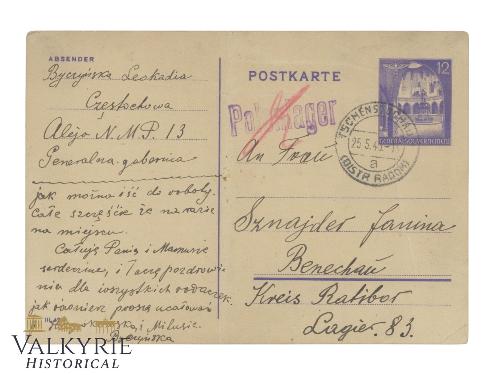 Postcard Sent in 1943 by Polish Female Forced Laborer in Polenlager or Forced Labour Camp For Poles (1 of 2)