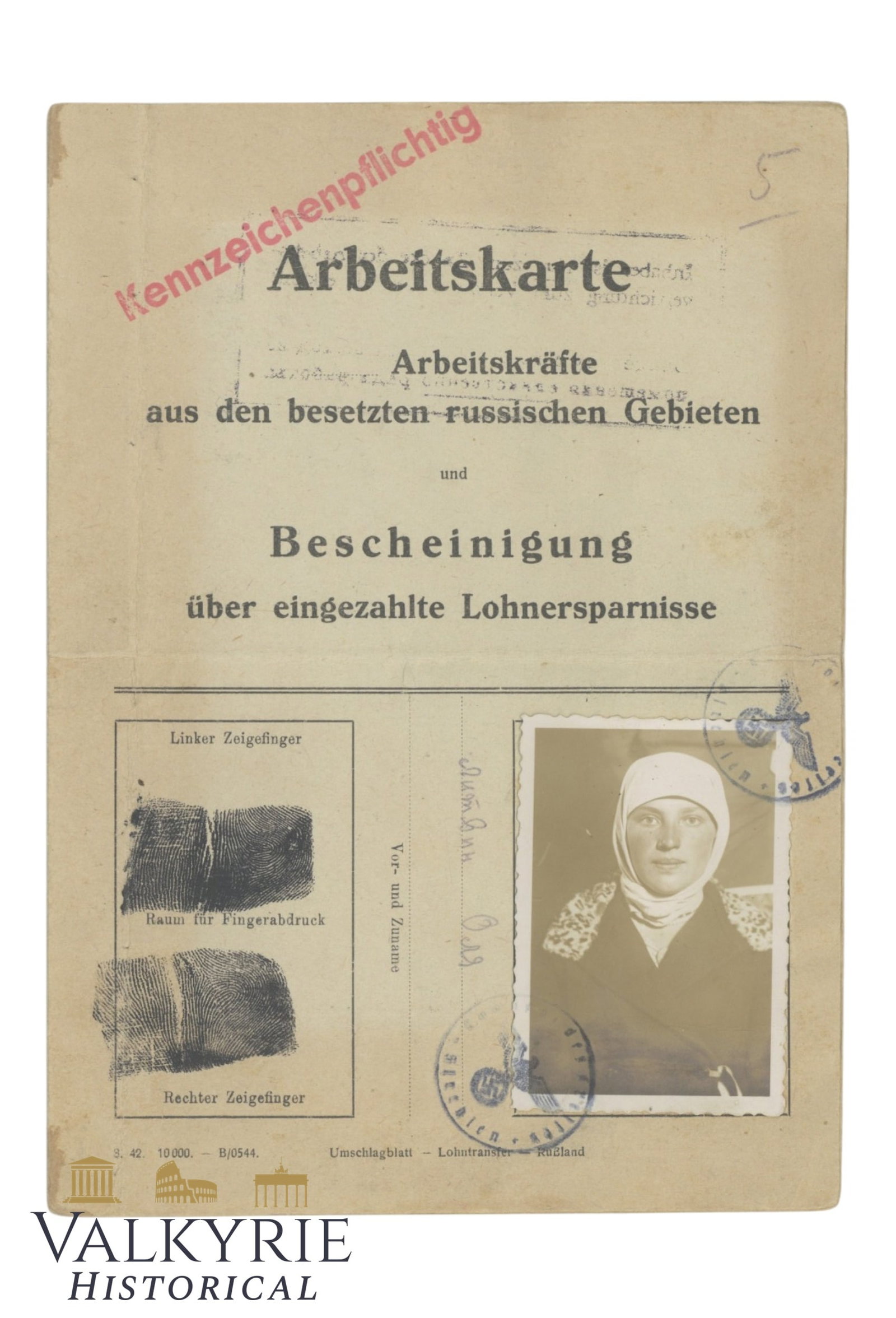 Work Card Issued to a Ukrainian Woman Used as Forced Labour By German Occupiers - 1942: Work Card Issued to a Ukrainian Woman Used as Forced Labour By German Occupiers - 1942. It comes with photo of the woman. This woman worked as farmer. Shipping flat cost $25 it doesn't matter how many