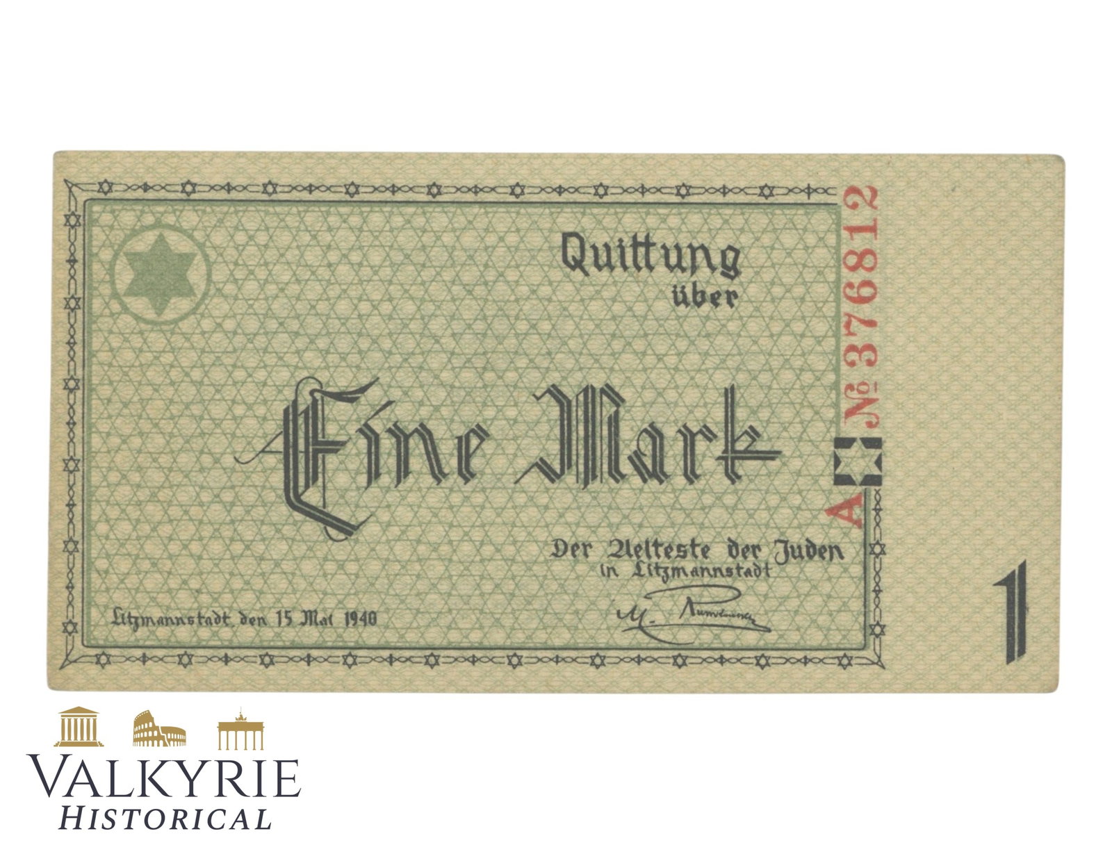 Ghetto Banknote of 1 Mark Value To Be Used Only Within the Ghetto of Litzmannstadt (1 of 2)