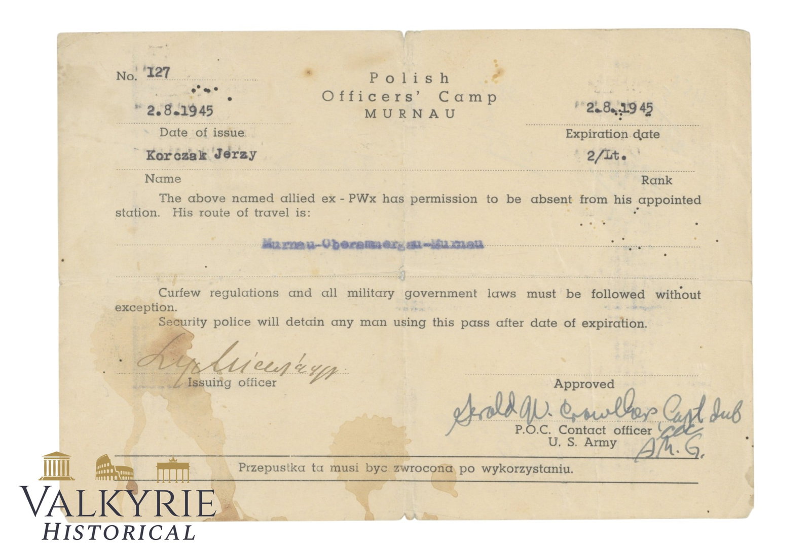 Permission Issued by Allied Troops in August 1945 to a Polish Officer To Travel to Another City (1 of 2)