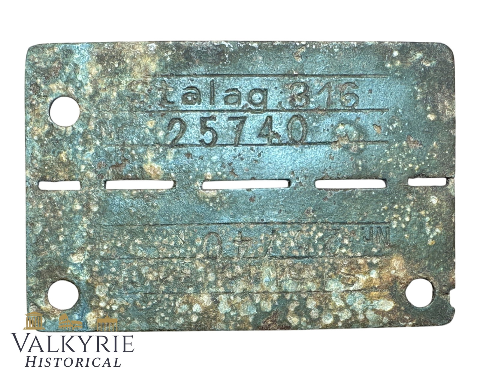 Relic Condition Ground Dug ID Tag of a Prisoner of War in German Stalag 316 Wolkowysk now Vawkavysk: Relic Condition Ground Dug ID Tag of a Prisoner of War in German Stalag 316. Made from zinc. German Stalag 316 was a notorious World War II prisoner-of-war camp primarily holding Soviet prisoners in t