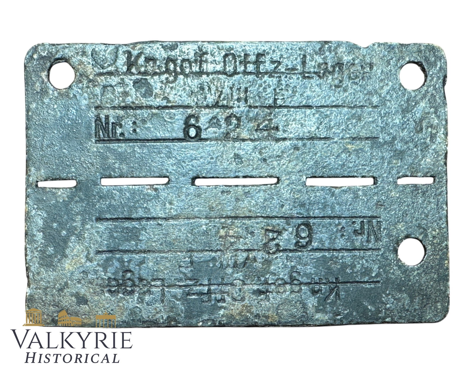 Relic Condition Ground Dug ID Tag of a Prisoner of War in German POW Officers' Lager VIII B: Relic Condition Ground Dug ID Tag of a Prisoner of War in German POW Officers' Lager VIII B. Made from zinc. German POW Officers' Lager VIII B usually refers to Oflag VIII B, a World War II German pri