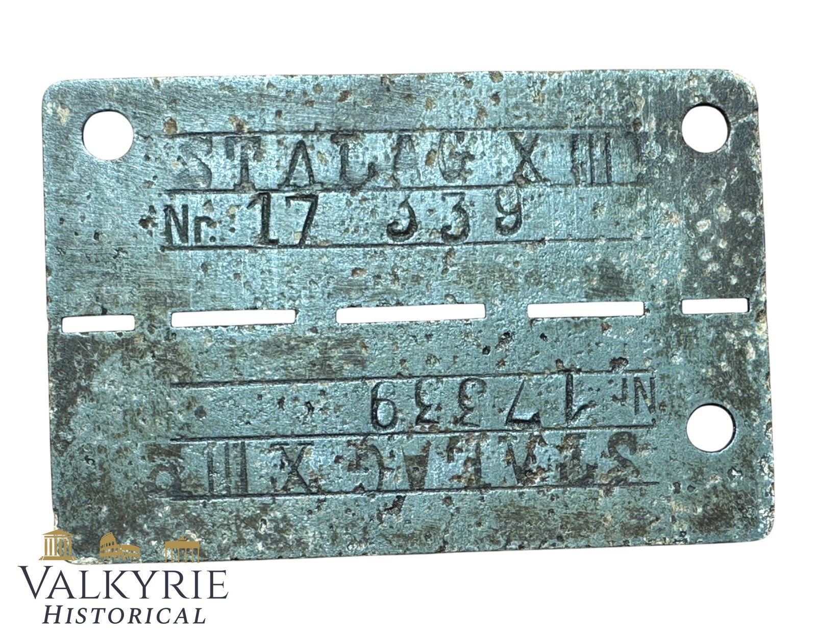Relic Condition Ground Dug ID Tag of a Prisoner of War in German Stalag XIII B - Weiden: Relic Condition Ground Dug ID Tag of a Prisoner of War in German Stalag XIII B. Made from zinc. Stalag XIII-B was a German World War II prisoner-of-war camp located near the town of Weiden in Bavaria,