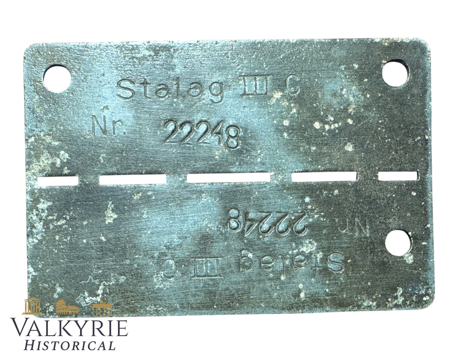 Relic Condition Ground Dug ID Tag of a Prisoner of War in German Stalag III C - Alt Drewitz: Relic Condition Ground Dug ID Tag of a Prisoner of War in German Stalag III C. Made from zinc. Stalag III-C was a German World War II prisoner-of-war camp located in Alt Drewitz, now the Drzewice dist