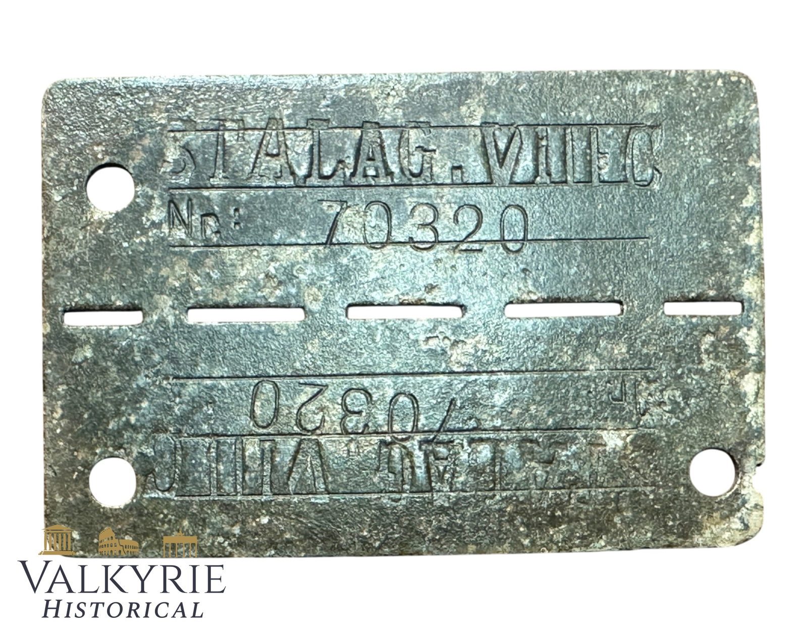 Relic Condition Ground Dug ID Tag of a Prisoner of War in German Stalag VIII C Near Sagan: Relic Condition Ground Dug ID Tag of a Prisoner of War in German Stalag VIII C. Made from zinc. Stalag VIII-C was a German World War II prisoner-of-war camp built in October 1939 near Sagan, Lower Sil