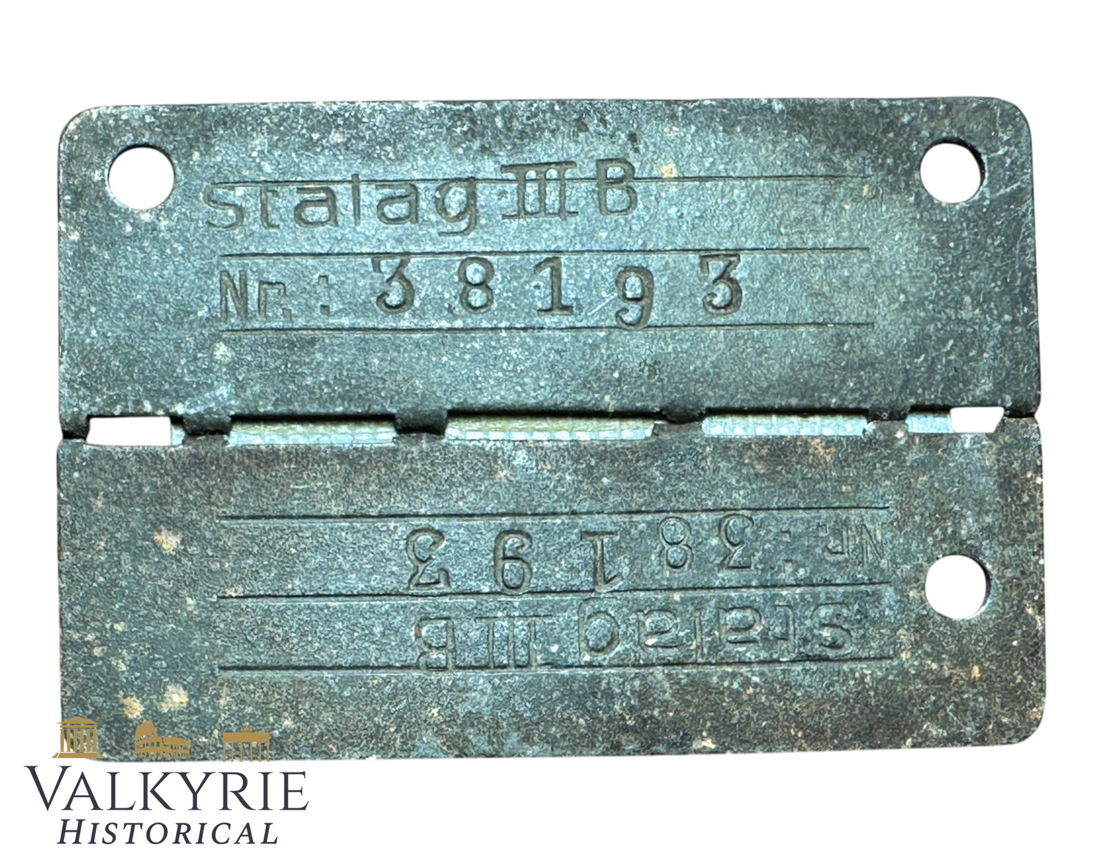 Relic Condition Ground Dug ID Tag of a Prisoner of War in German Stalag III B -Furstenberg Clipped: Relic Condition Ground Dug ID Tag of a Prisoner of War in German Stalag III B - Clipped and kept both pieces together with a piece of adhesive tape. Stalag III B was a major Nazi German prisoner-of-wa