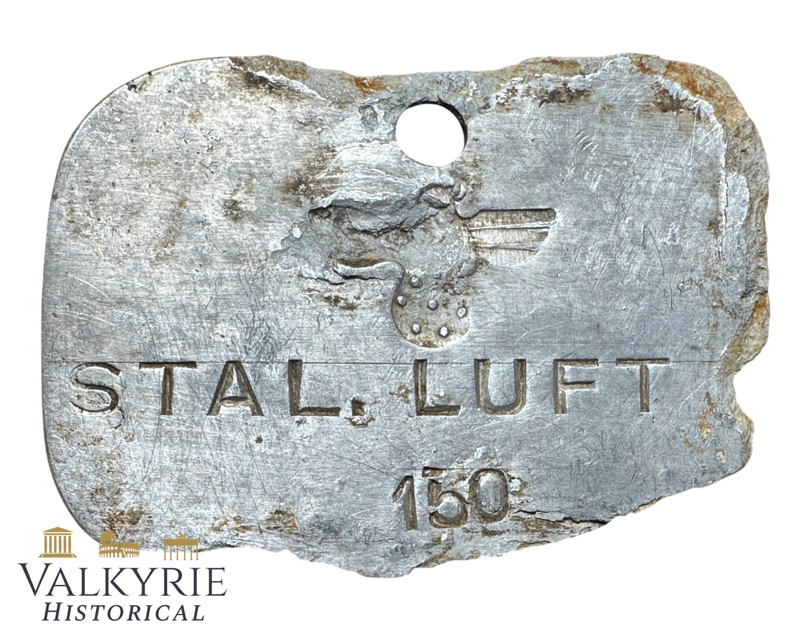 Relic Condition Ground Dug ID Tag of a Prisoner of War in German Luftwaffe -Stammlager Luft: Relic Condition Ground Dug ID Tag of a Prisoner of War in German Luftwaffe Stalag - Stammlager Luft . With eagle without swastika. Made from aluminum. Shipping flat cost $25 it doesn't matter how many