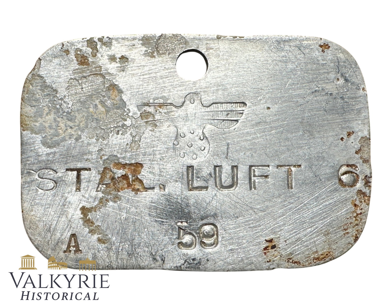 Relic Condition Ground Dug ID Tag of a Prisoner of War in German Luftwaffe Stalag 6 - Heydekrug: Relic Condition Ground Dug ID Tag of a Prisoner of War in German Luftwaffe Stalag 6. Rare eagle without swastika. Stalag Luft 6 was a World War II Luftwaffe POW camp located near Heydekrug, East Pruss