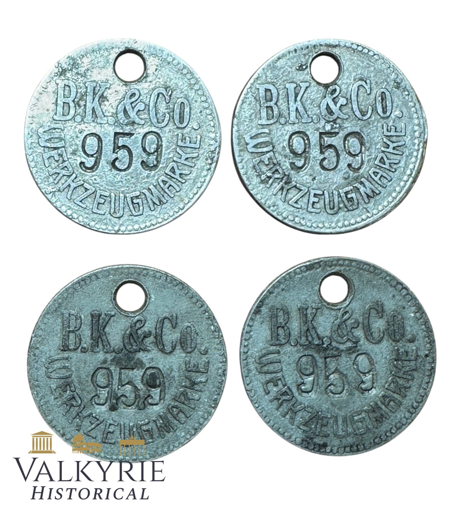 Set of 4 Metal Tokens of the Luftwaffe With Inscription "B.K. & Co. Tool Tag 959" - Relic Condition: Set of 4 Metal Tokens of the Luftwaffe With Inscription "B.K. & Co. Tool Tag 959" - Relic Condition. Probably to identify tools used for the maintenance of the LW aircrafts. Made from aluminum. Shippi