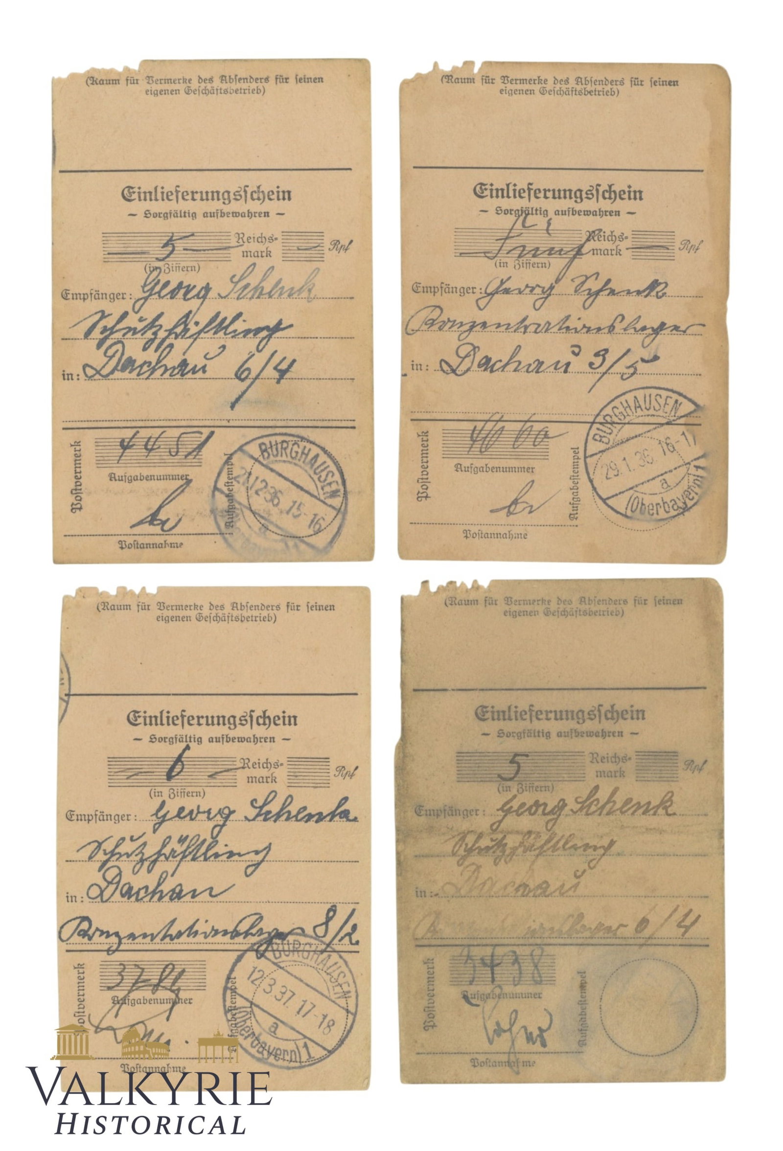 Set of 4 Money Order Receipts Sent to a Georg Schenk (Politic) Prisoner in KL Dachau - 1936 and 1937: Set of 4 Money Order Receipts Sent to a Prisoner in KL Dachau - 1936 and 1937. Georg Schenk (born June 25 , 1901 in Lechbruck ; died March 15, 1992 in Burghausen ) was a German politician ( SPD ). Fro