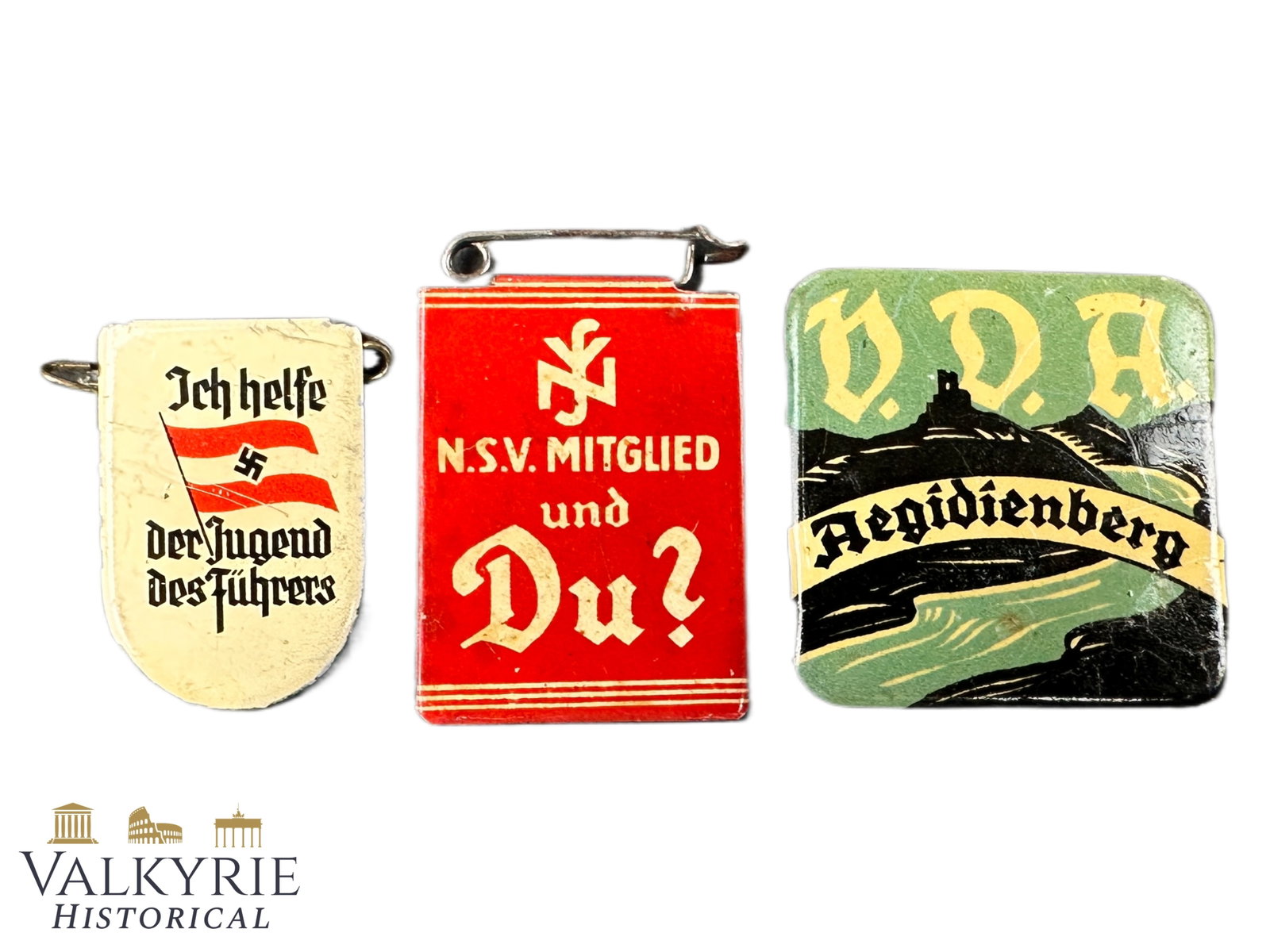 3 Patriotic Nazi Lapel Pins - NSV - VDA - HJ: 3 Patriotic Nazi Lapel Pins - NSV - VDA - HJ. 3 Nazi organizations. Pins to support them. Shipping flat cost $25 it doesn't matter how many items you win. you pay just $25 for shipping.