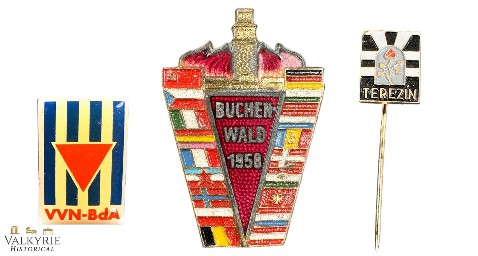 3 Post-war Enamelled Pins Related to Survivors of Nazi Concentration Camps - Buchenwald and Terezin: 3 Post-war Enamelled Pins Related to Survivors of Nazi Concentration Camps - Buchenwald and Terezin. Shipping flat cost $25 it doesn't matter how many items you win. you pay just $25 for shipping.