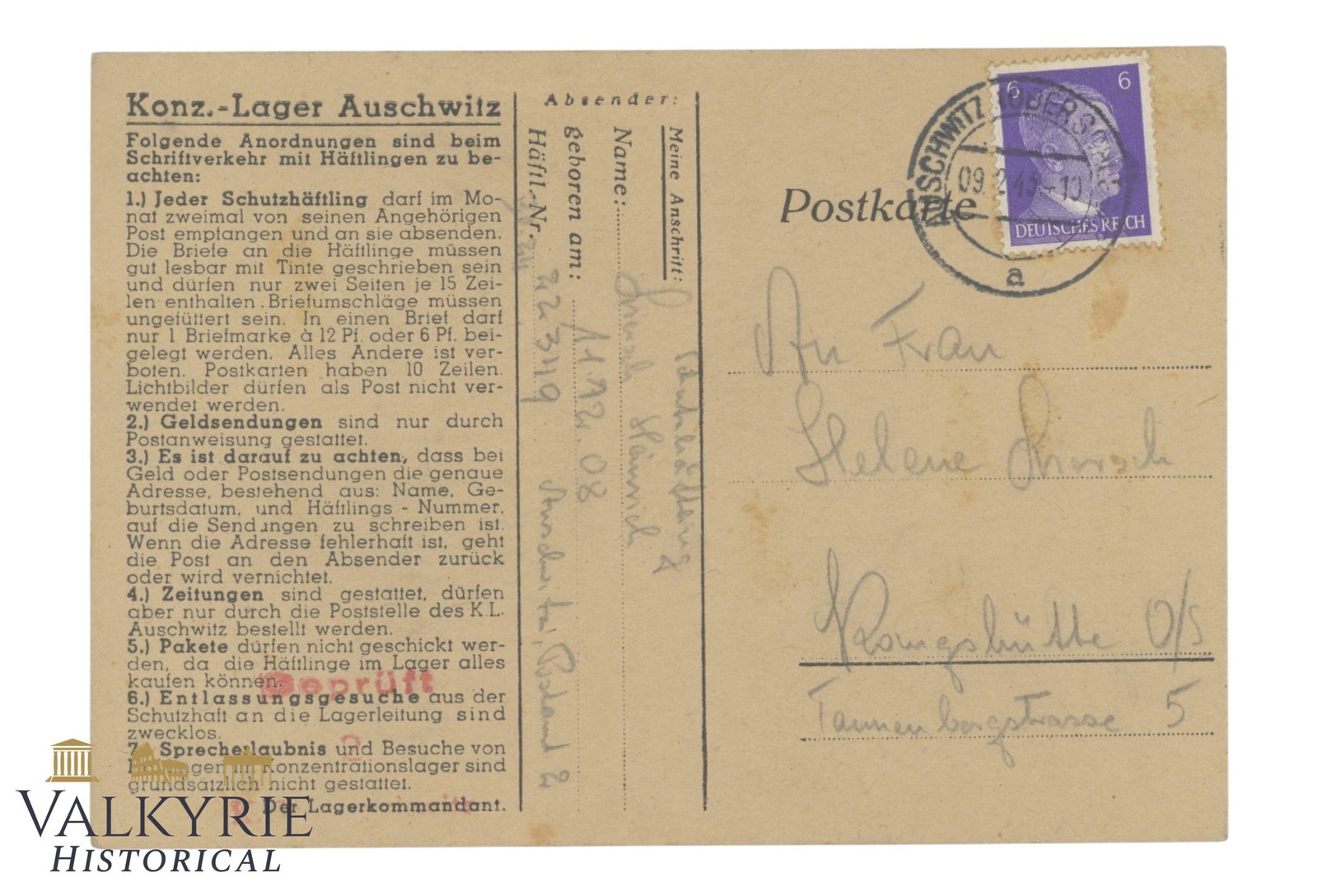 Postcard Sent By Prisoner From KL Auschwitz in 1943 (1 of 2)