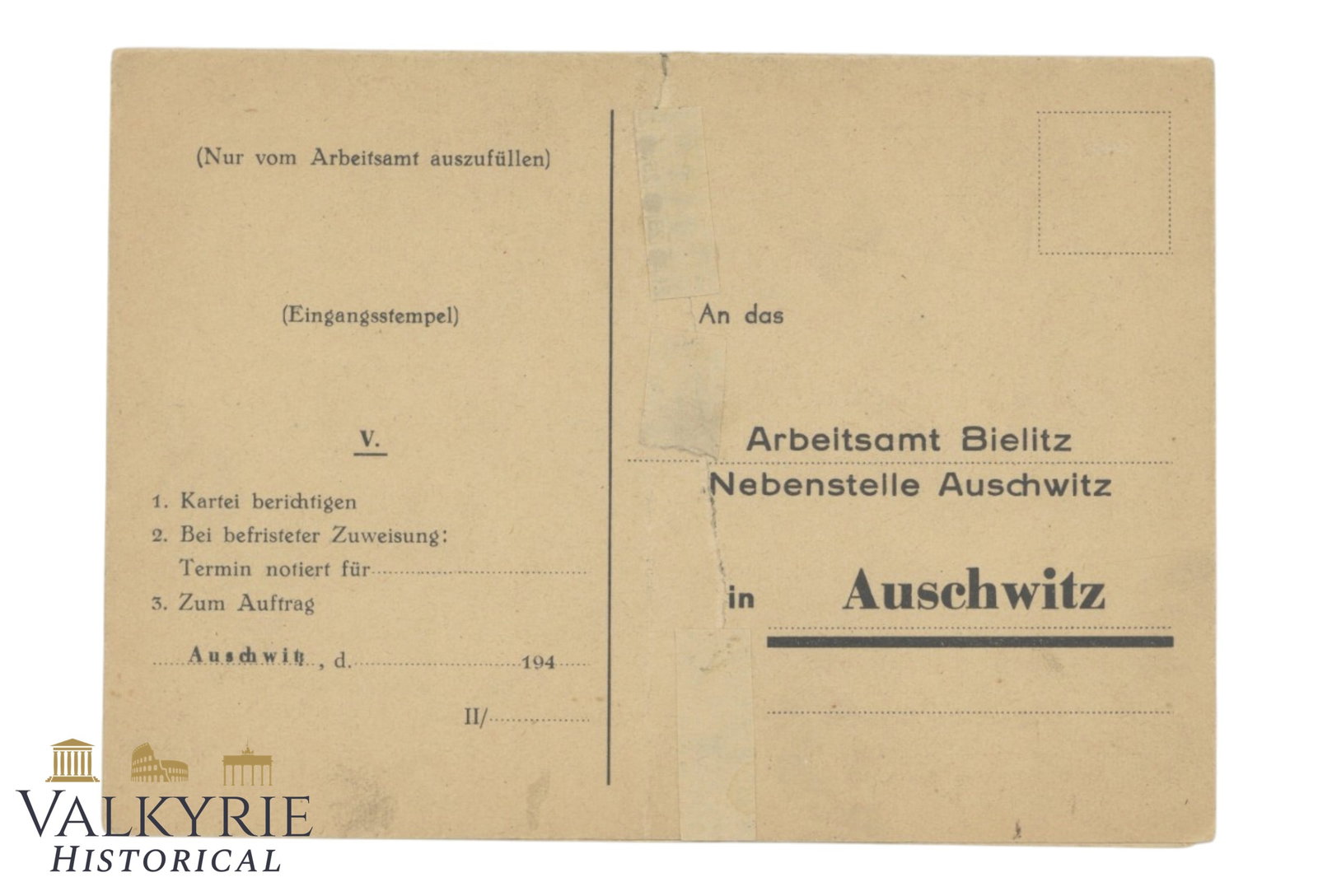 Reply Postcard To Hide Employer Sent By Polish Man in 1944 To Employment Office in Auschwitz: Reply Postcard To Hide Employer Sent By Polish Man in 1944 To Employment Office in Poland. Filled-in by the worker with his information. Employment office in Bielitz near the occupied city of Auschwit