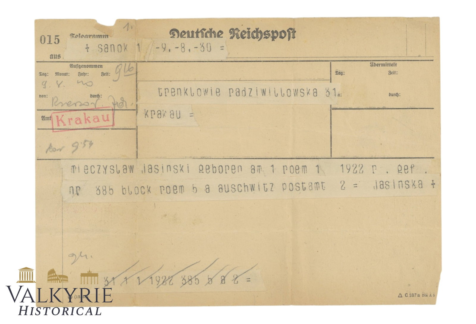 German Post Telegram Sent Informing About The Passing of Low Number Prisoner in KL Auschwitz: German Post Telegram Sent Informing About The Passing of Low Number Prisoner in KL Auschwitz . It also gives the information about the block where he was imprisoned. Sent from Krakow. Shipping flat co