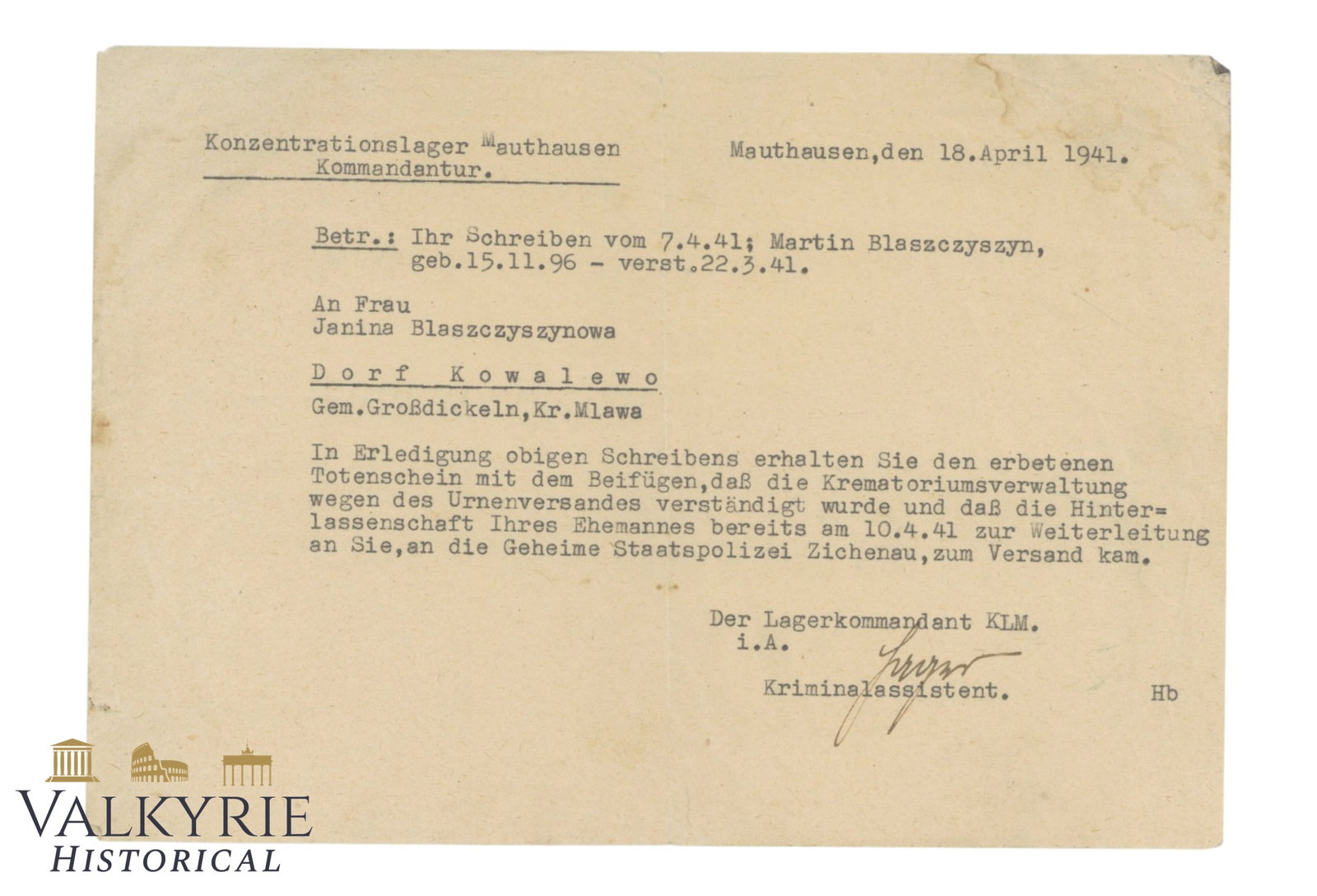 Letter Sent By KL Mauthausen Kommadantur To The Widow Of Deceased Polish Priosner And Ashes Urn (1 of 2)