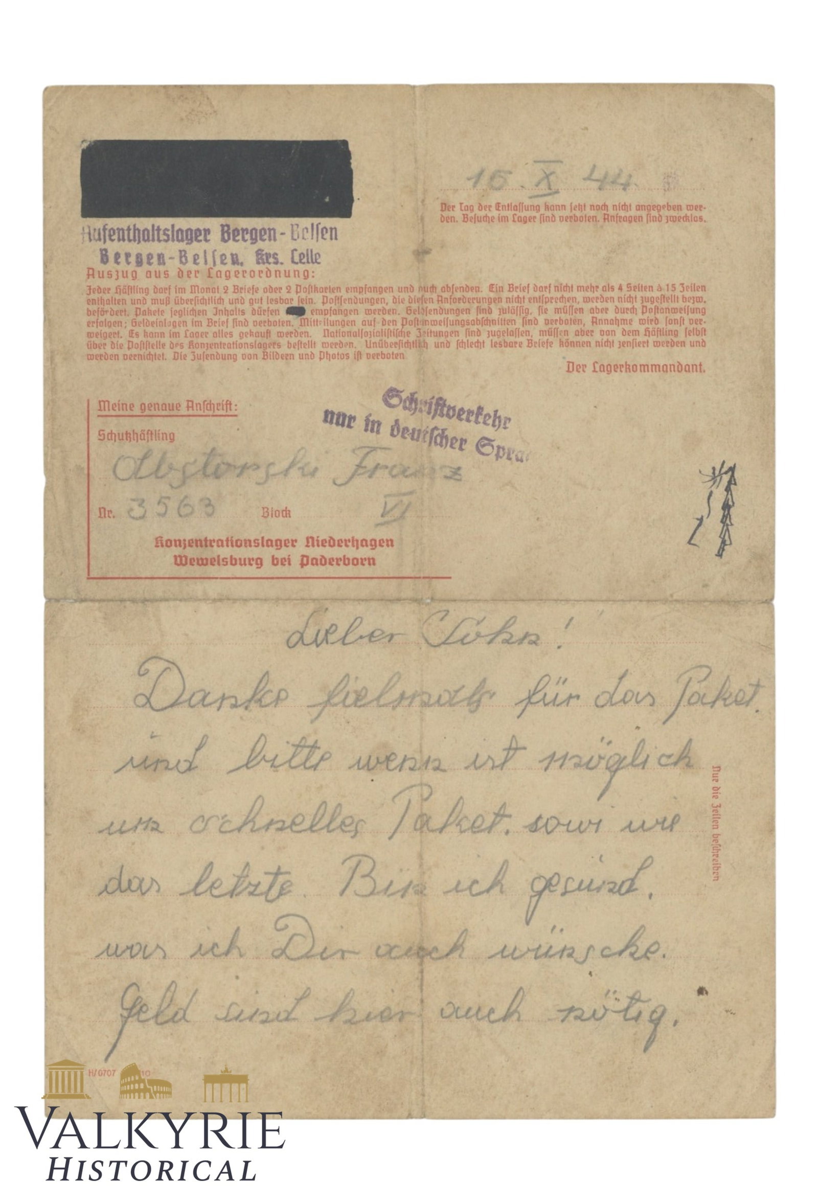 Rare Letter Sent From KL Bergen-Belsen in 1944 By Low Number Prisoner Very Rare (1 of 4)