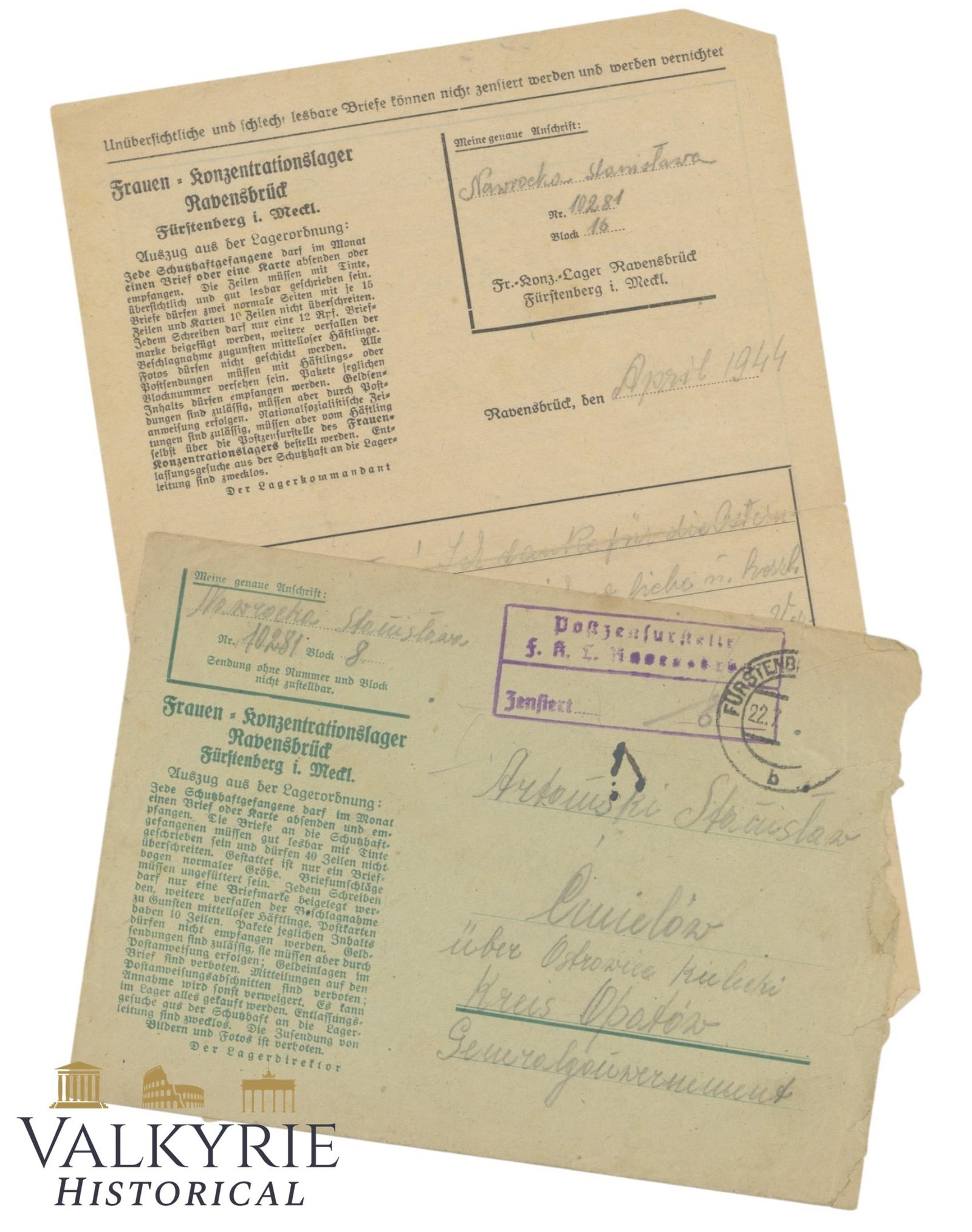Letter Sent by Polish Prisoner From KL Ravensbruck in 1944 With Matching Envelope: Letter Sent by Polish Prisoner From KL Ravensbruck in 1944 With Matching Envelope. With ink stamp of the censorship office. Prisoner number 10281. Shipping flat cost $25 it doesn't matter how many ite