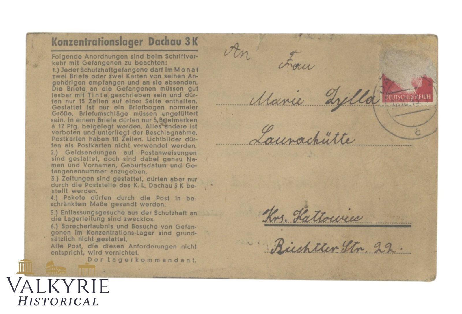Letter Sent by Polish Prisoner From KL Dachau in 1943 (1 of 4)