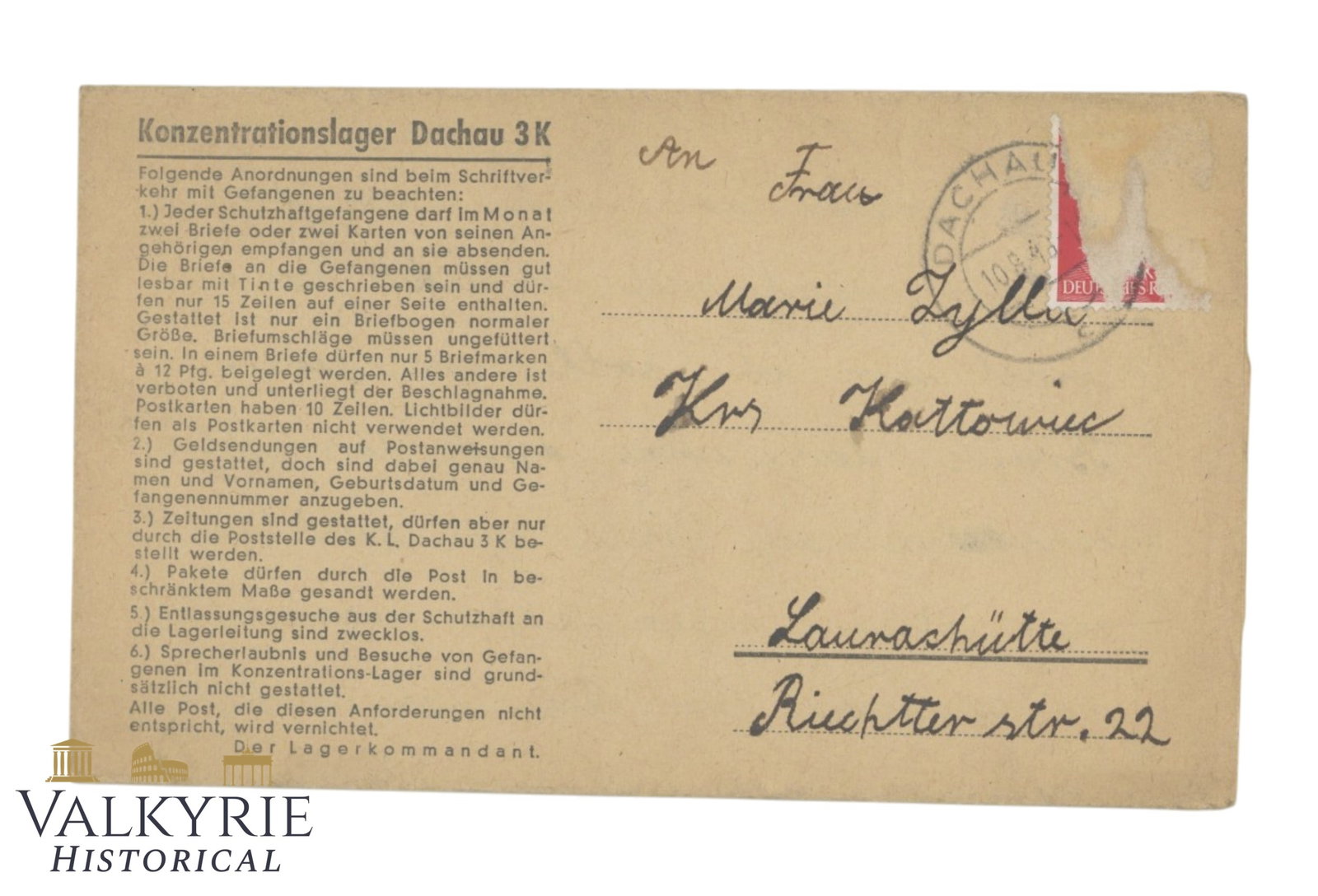 Letter Sent by Polish Prisoner From KL Dachau in 1943 (1 of 4)