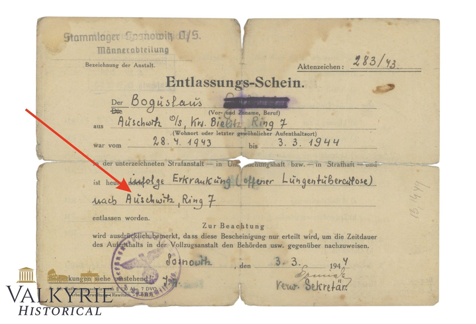 Rare Release Certificate Issued to a Polish Prisoner From Auschwitz City Who Had Tuberculosis (1 of 3)