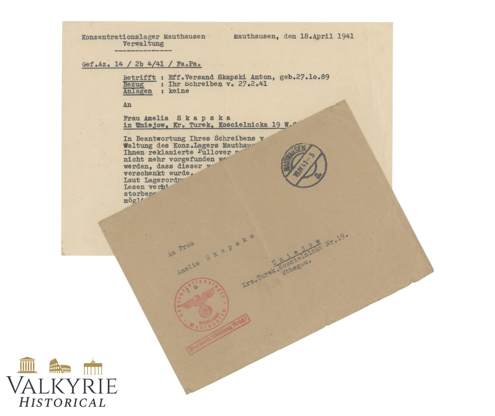 Answer Letter From KL Mauthausen Kommandantur to an Inquiry of the Widow of a Deceased Prisoner (1 of 4)