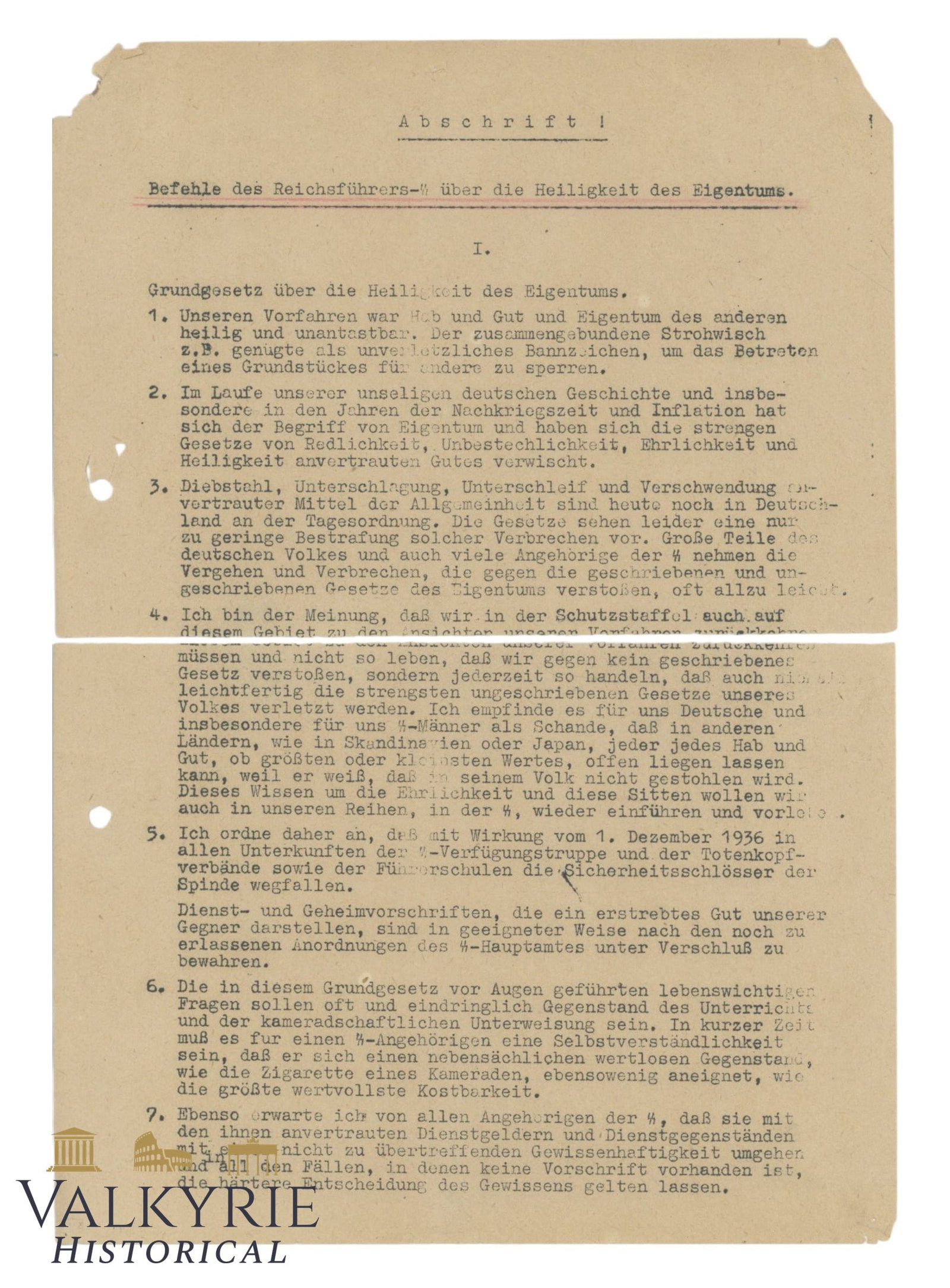 2 Pages Ordinances by SS Reichsfuhrer Heinrich Himmler Regarding the Importance of Property 1936/37 (1 of 2)