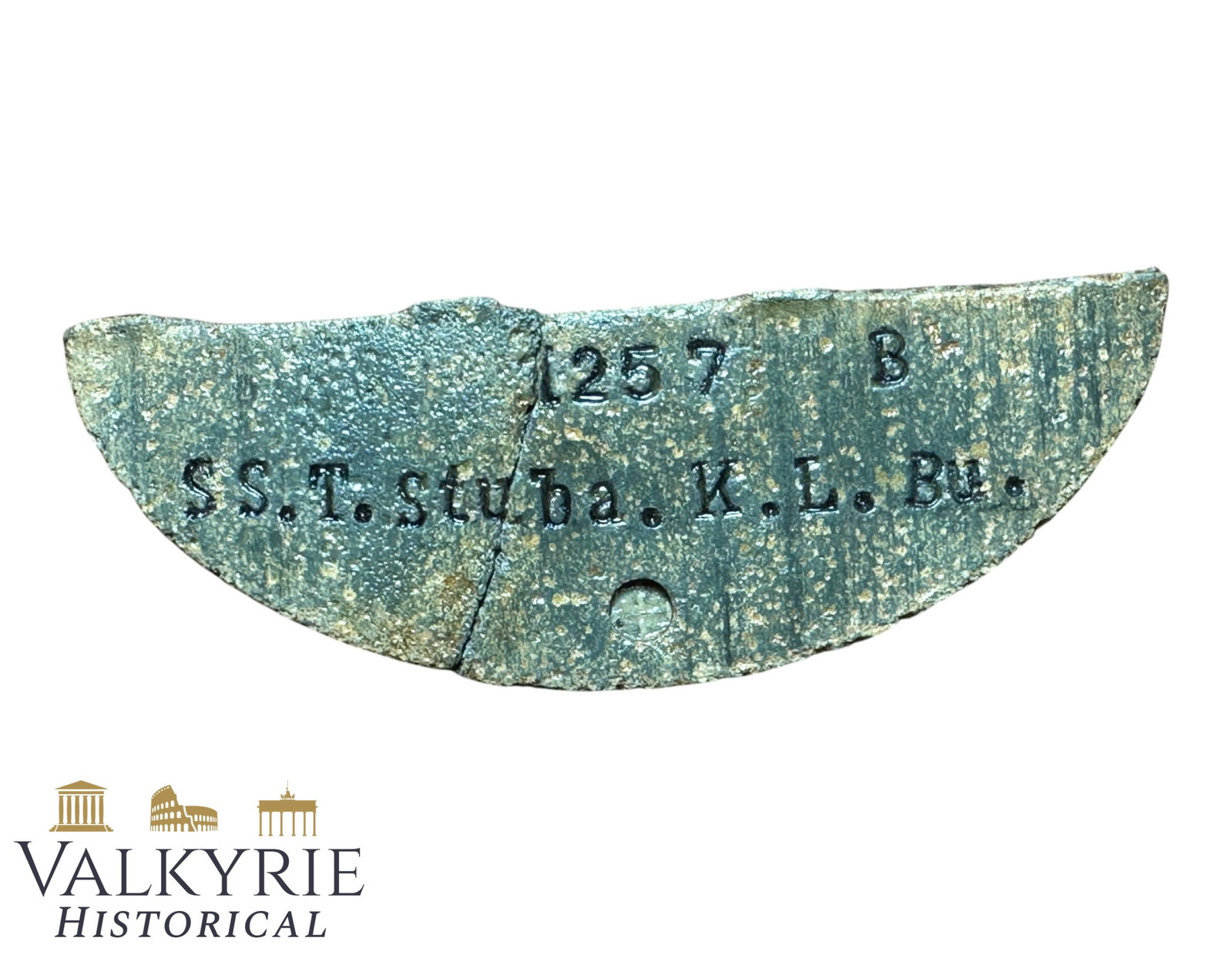 Very Rare Nazi Concentration Camp Guard KL Buchenwald Half ID Tag! Relic Condition: Very Rare Nazi Concentration Camp Guard KL Buchenwald Half ID Tag! Relic Condition. Made from zinc, the tag reads "SS - T. Stuba. K.L. Bu." with number 1257 and blood type B. It's only half because pr