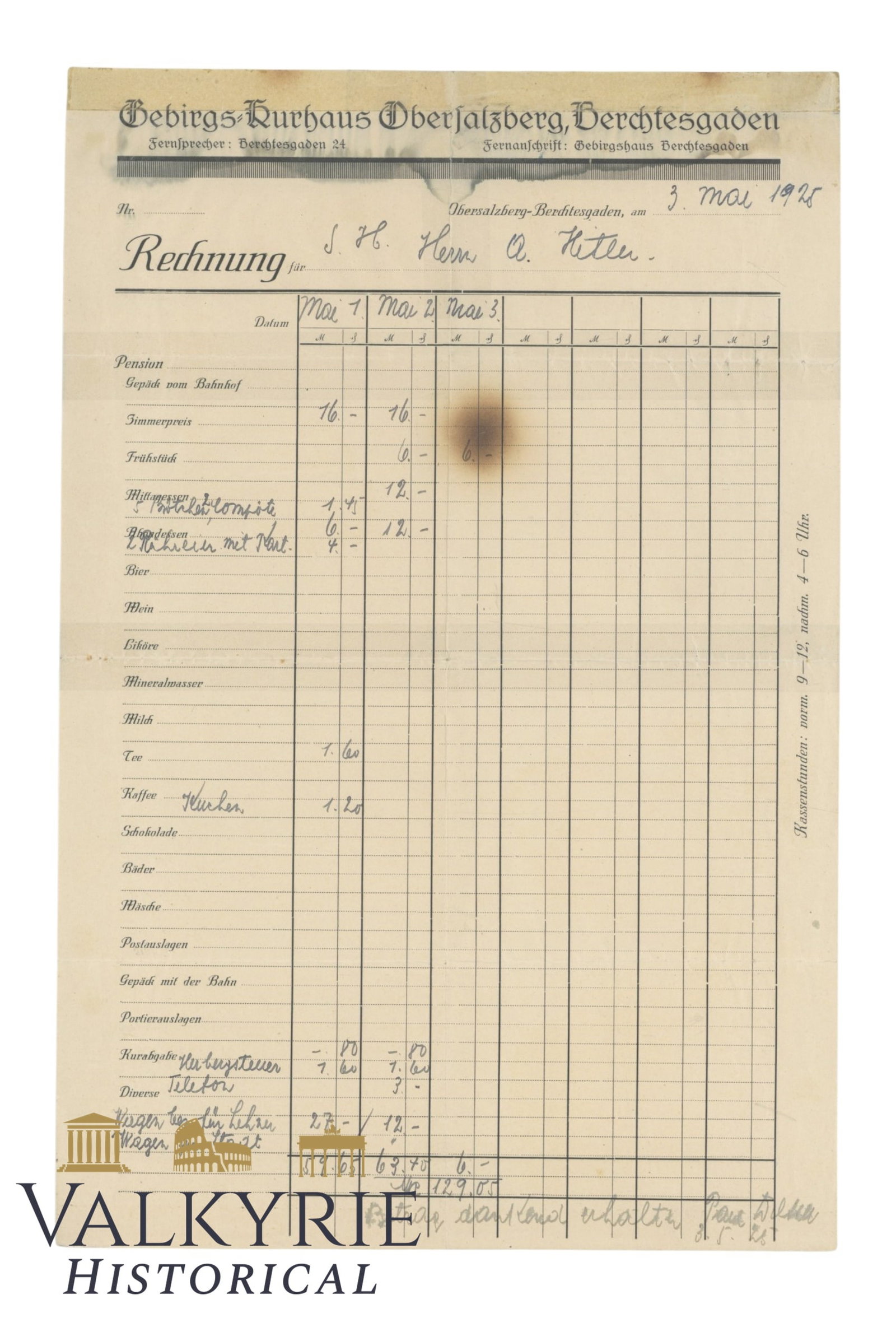 Ultra Rare Receipt Issued in 1925 to Adolf Hitler in Berchtesgaden by Guest House /Pension "Moritz"! (1 of 4)