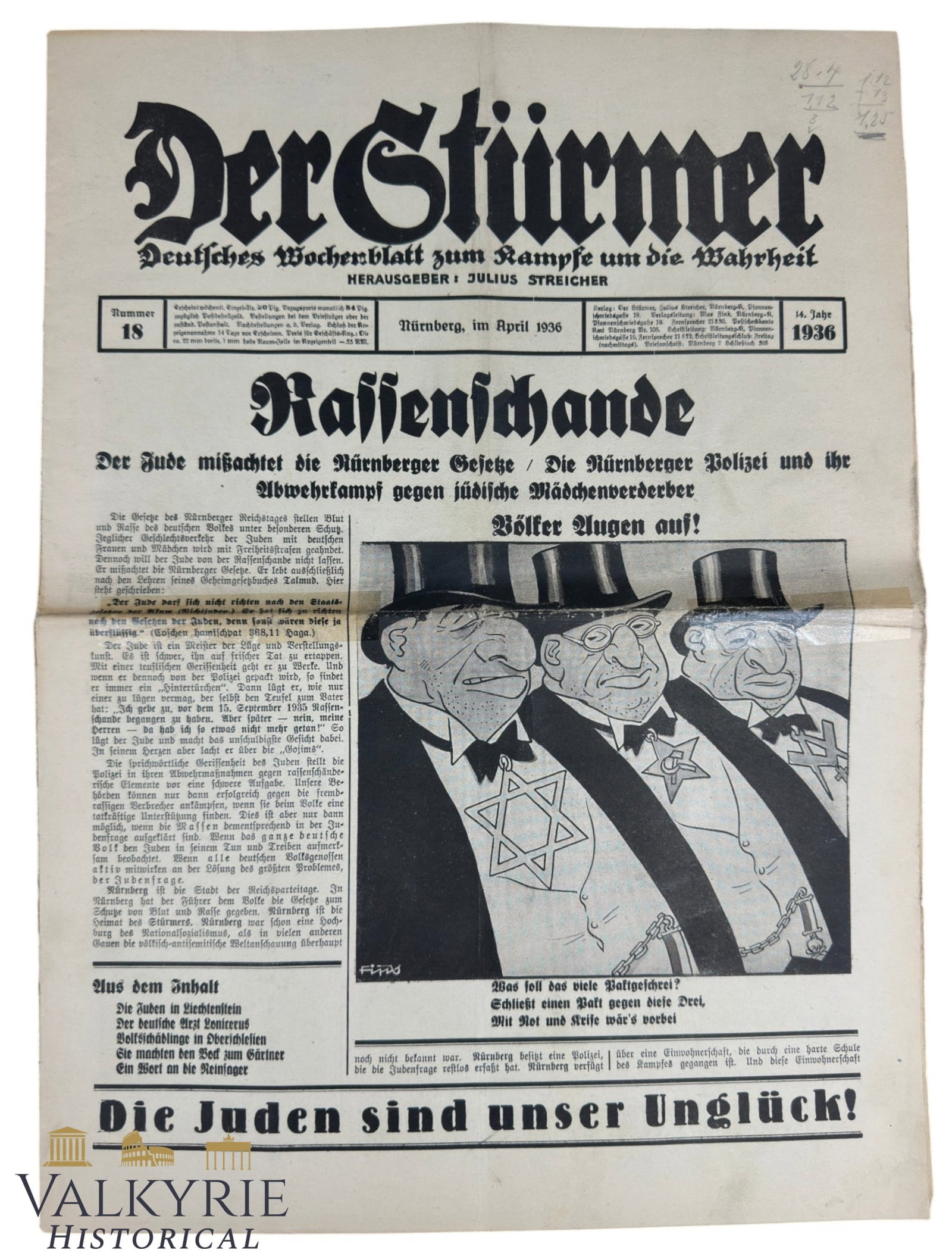 Nazi Ultra-Antisemitic Tabloid by Julius Streicher "Der Sturmer" - Year 1936 - Number 18 (1 of 10)