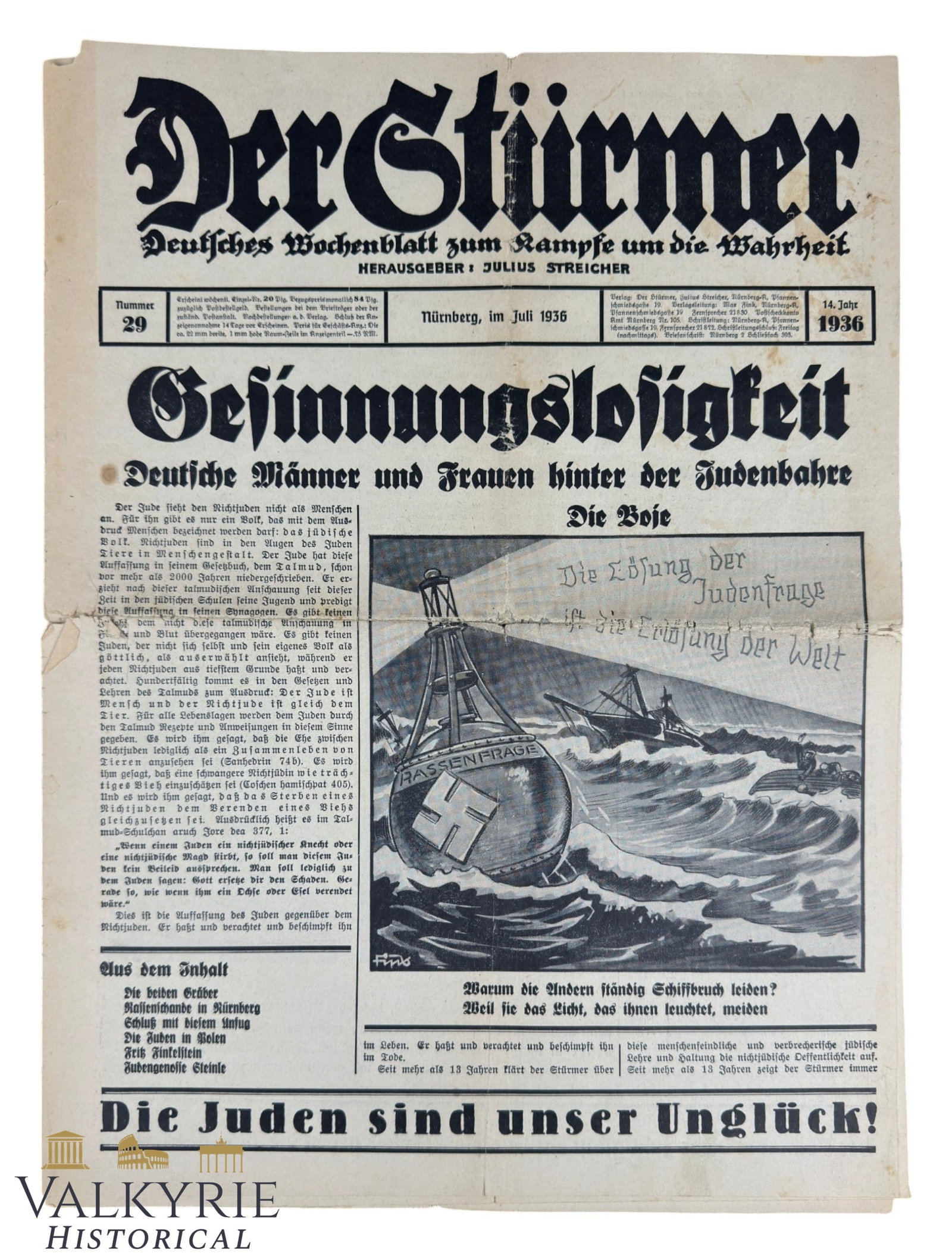 Nazi Ultra-Antisemitic Tabloid by Julius Streicher "Der Sturmer" - Year 1936 - Number 29 (1 of 7)