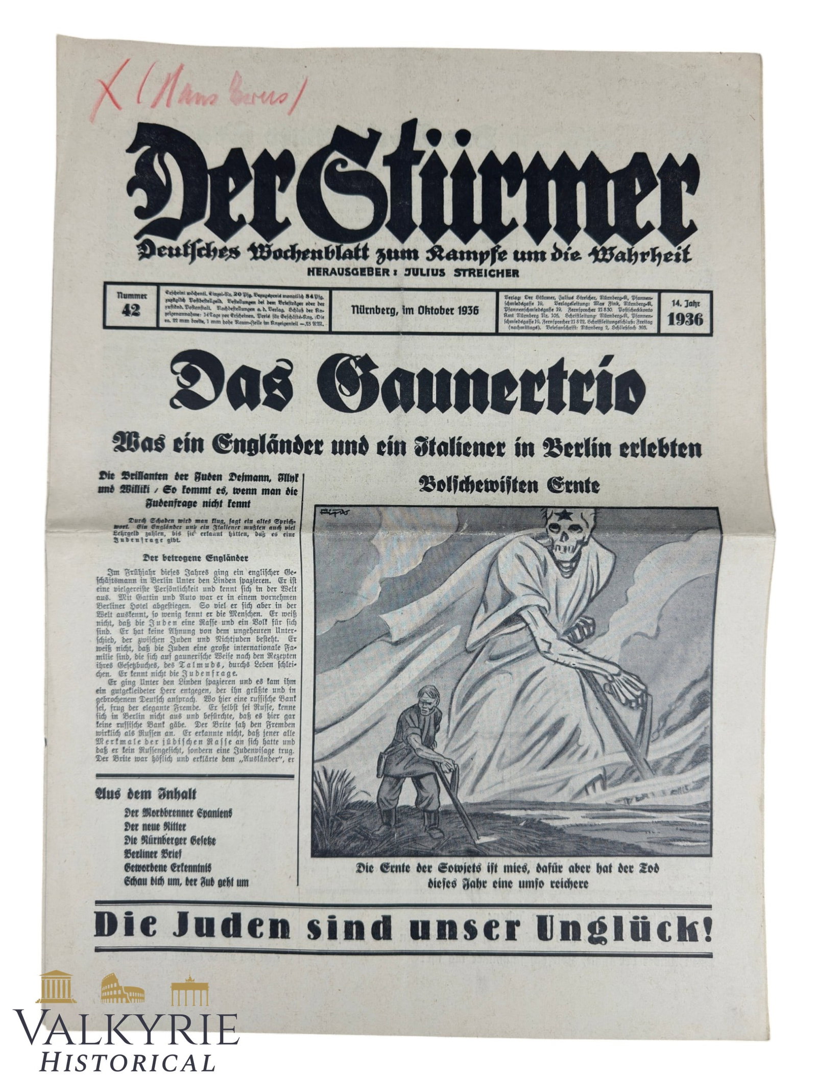 Nazi Ultra-Antisemitic Tabloid by Julius Streicher "Der Sturmer" - Year 1936 - Number 42: Nazi Ultra-Anti-Semitic Tabloid by Julius Streicher "Der Sturmer" - Year 1936 - Number 42. Headline "The Trio of Crooks". Shipping flat cost $25 it doesn't matter how many items you win. you pay just 