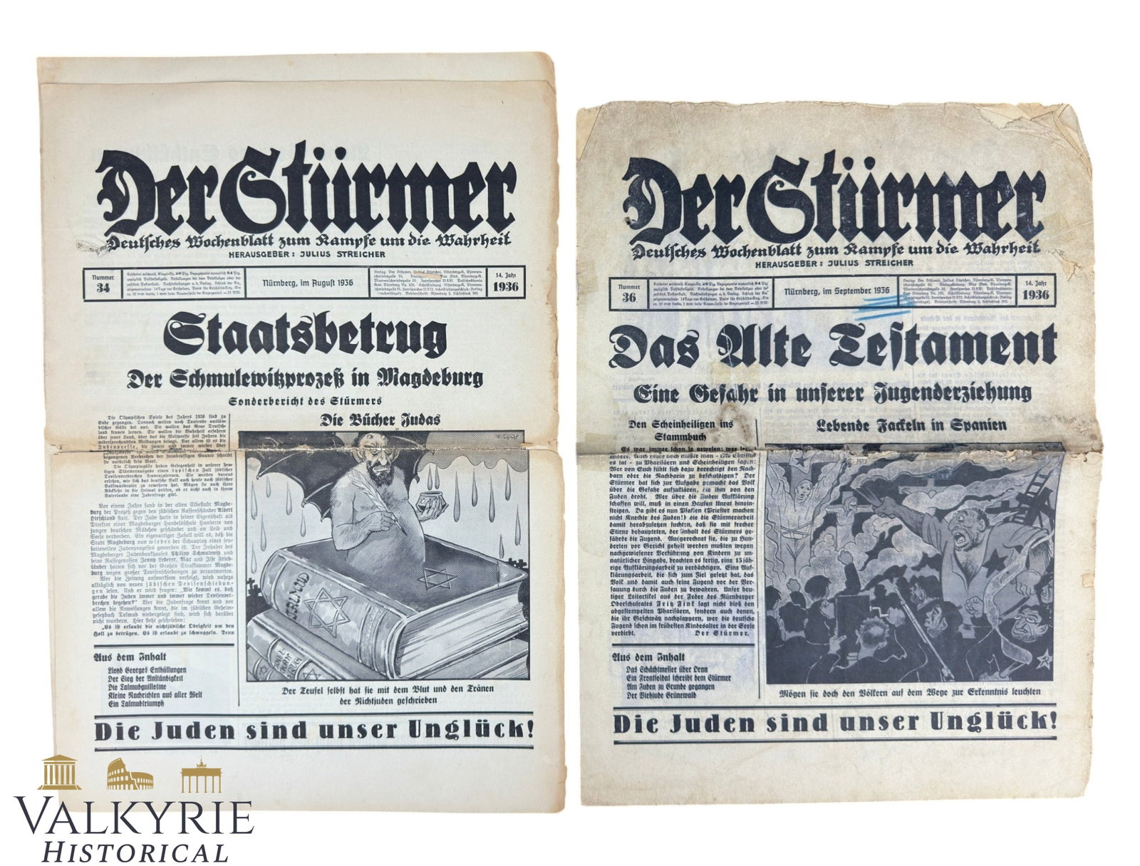 Nazi Ultra-Antisemitic Tabloid by Julius Streicher "Der Sturmer" - Year 1936 - Numbers 34 and 36 (1 of 13)