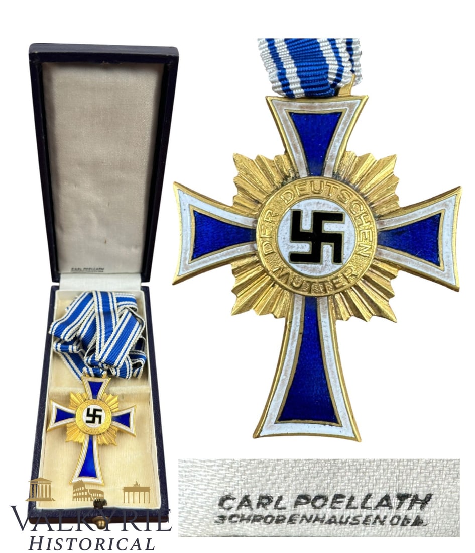 German Mother's Cross In Gold With Case of Issue And Long Ribbon Produced by Carl Poellath: German Mother's Cross In Gold With Case of Issue And Long Ribbon. Enamel in perfect condition and ribbon also original. Produced by Carl Poellath. Case in very good condition. Shipping flat cost $25 i