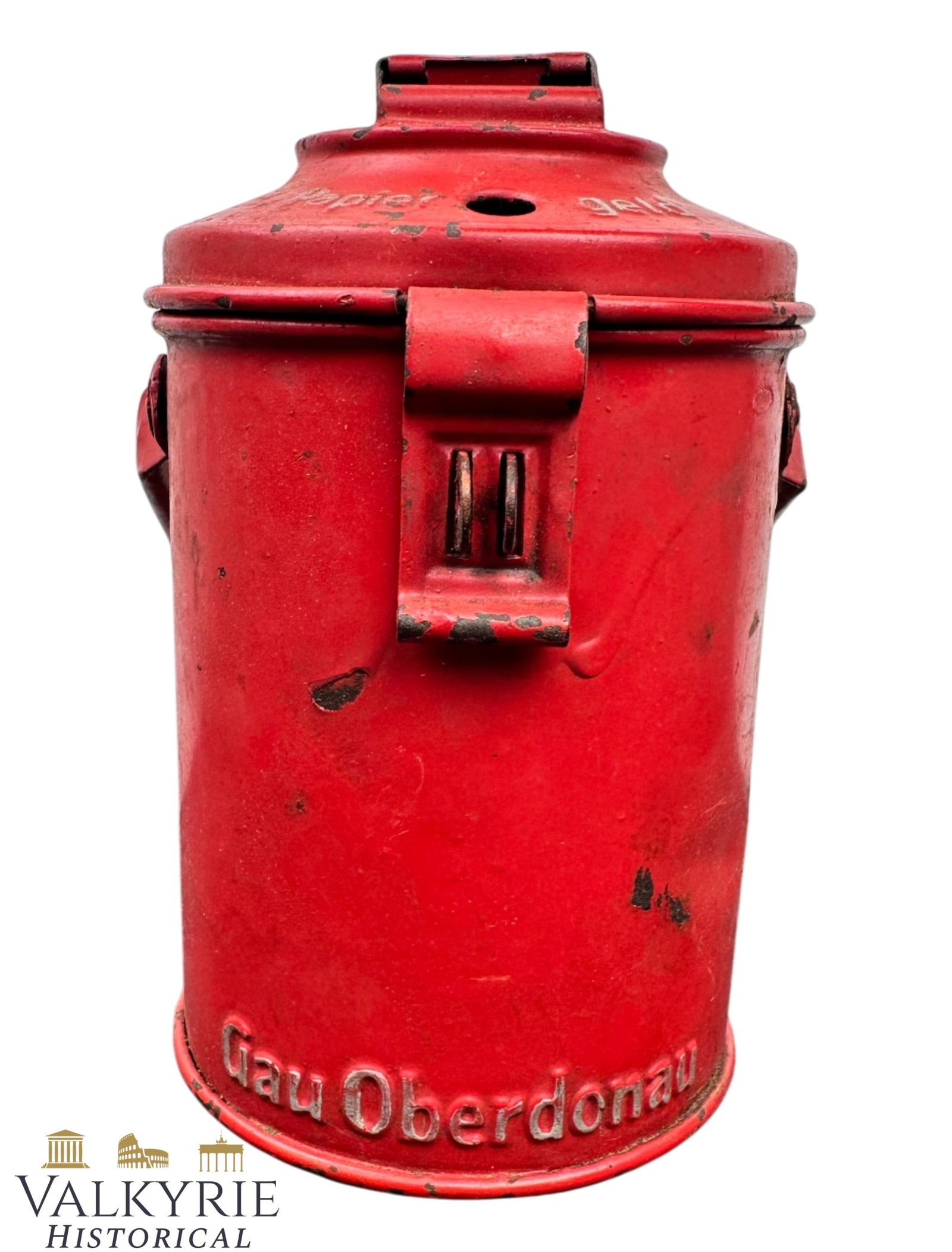 Donation Can of the Nazi Germany Winterhilfswerk From Gau Oberdonau: Donation Can of the Nazi Germany Winterhilfswerk From Gau Oberdonau. With maker mark on the bottom "WESCO" and the Gau name in relief on it. Most of the red paint still there. Very nice piece. Shippin