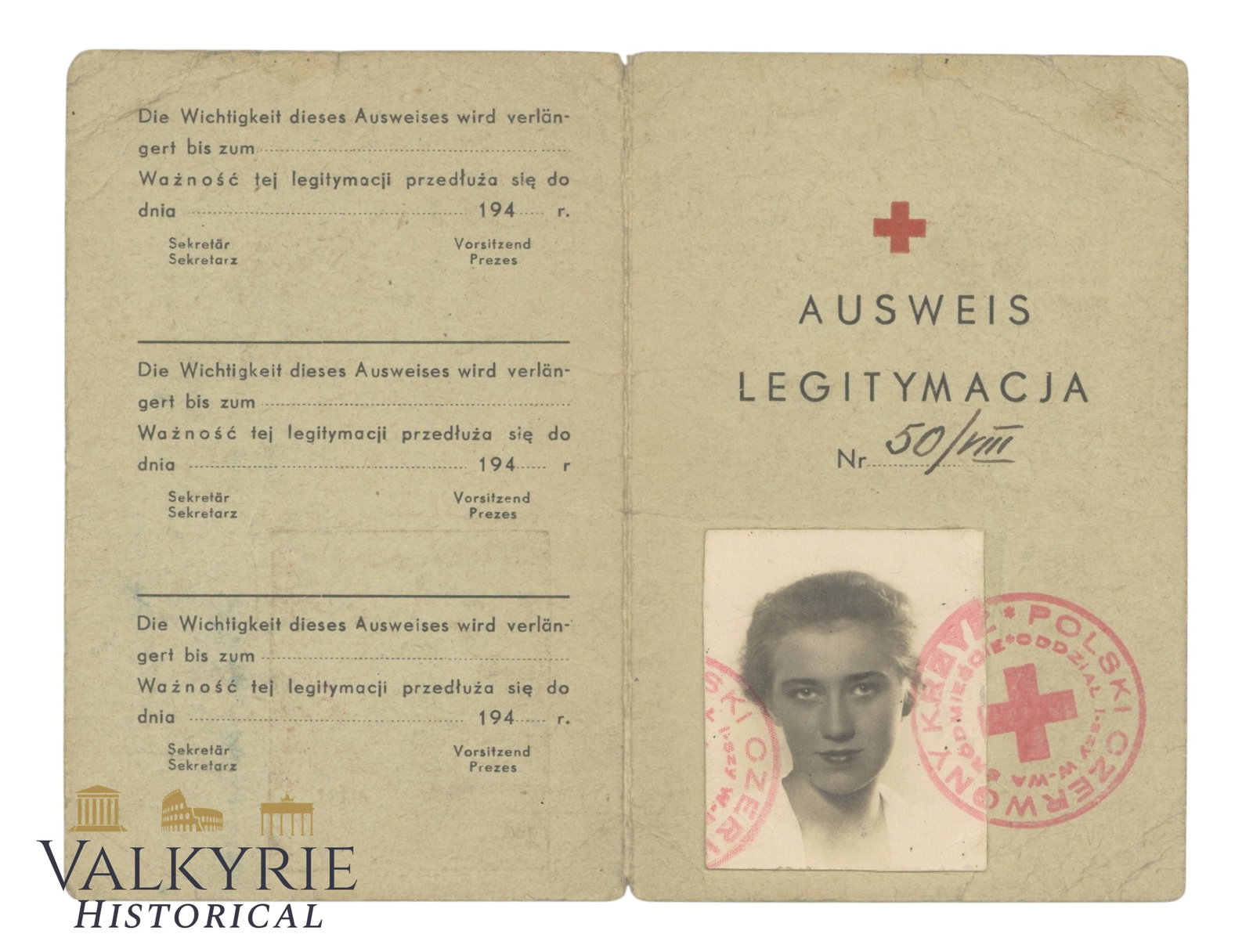 Ausweis of the Polish Red Cross Issued During German Occupation to a Worker - 1941 - Warsaw: Ausweis of the Polish Red Cross Issued During German Occupation to a Worker of this organization - 1941 Warsaw . Printed in German and Polish and with photo of the woman. Shipping flat cost $25 it doe