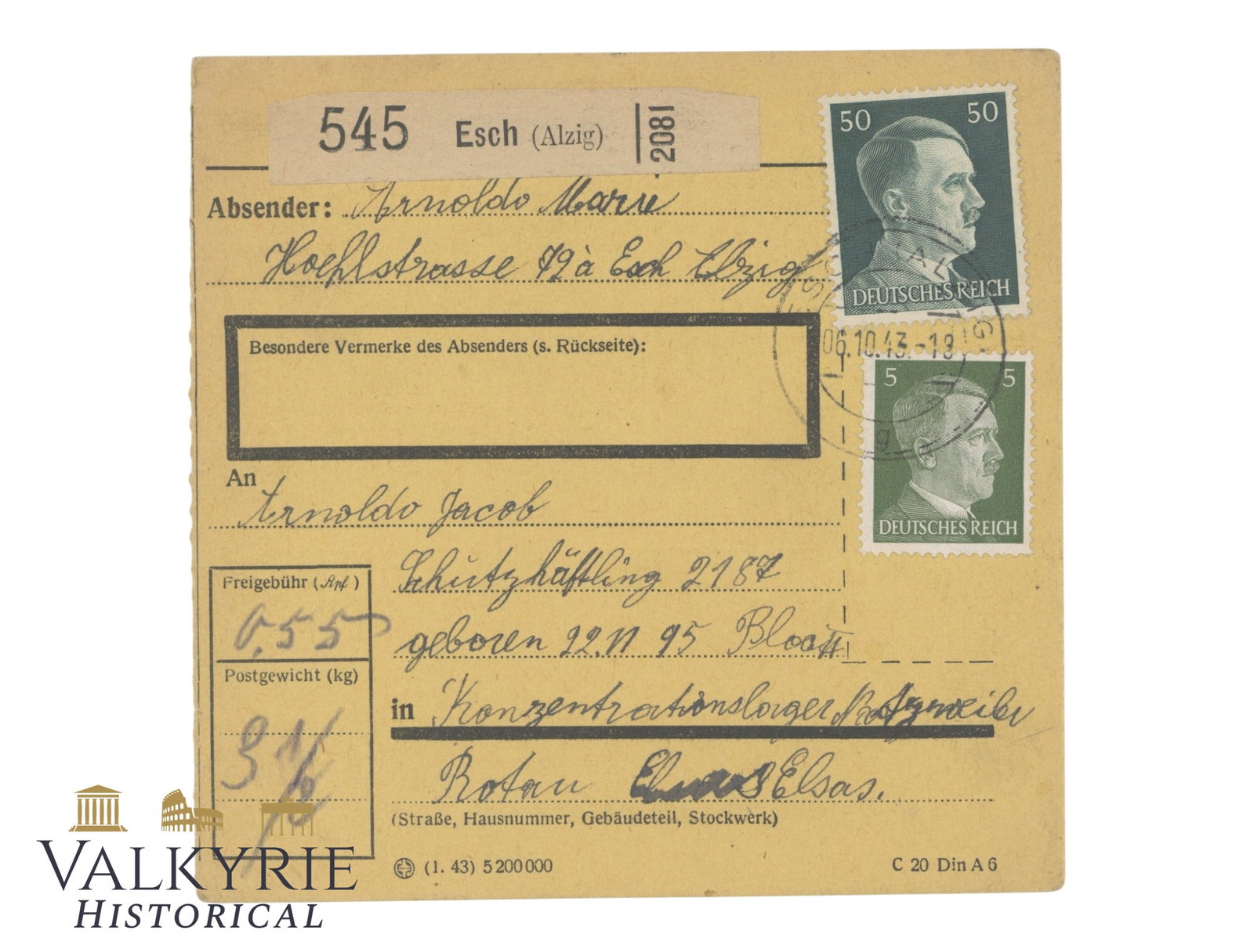 Parcel Reception of a Packet Sent to a Prisoner in a Natzweiler Concentration Camp in 1943 (1 of 2)