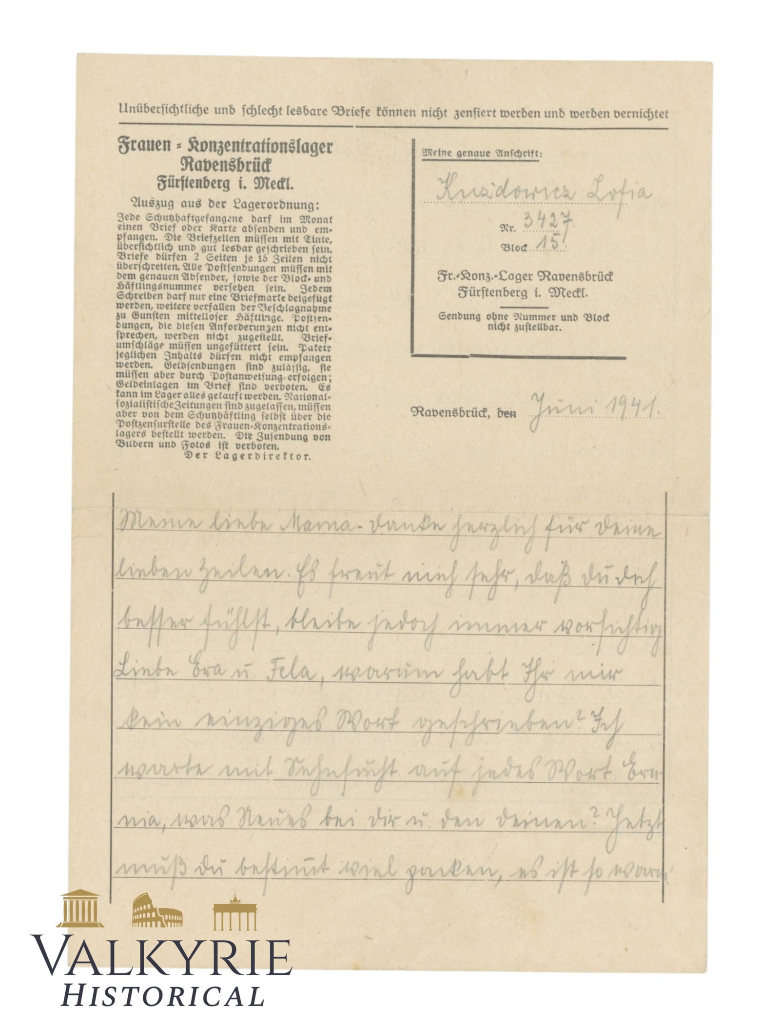 Letter Sent By Prisoner From KL Ravensbrueck in 1941 (1 of 2)