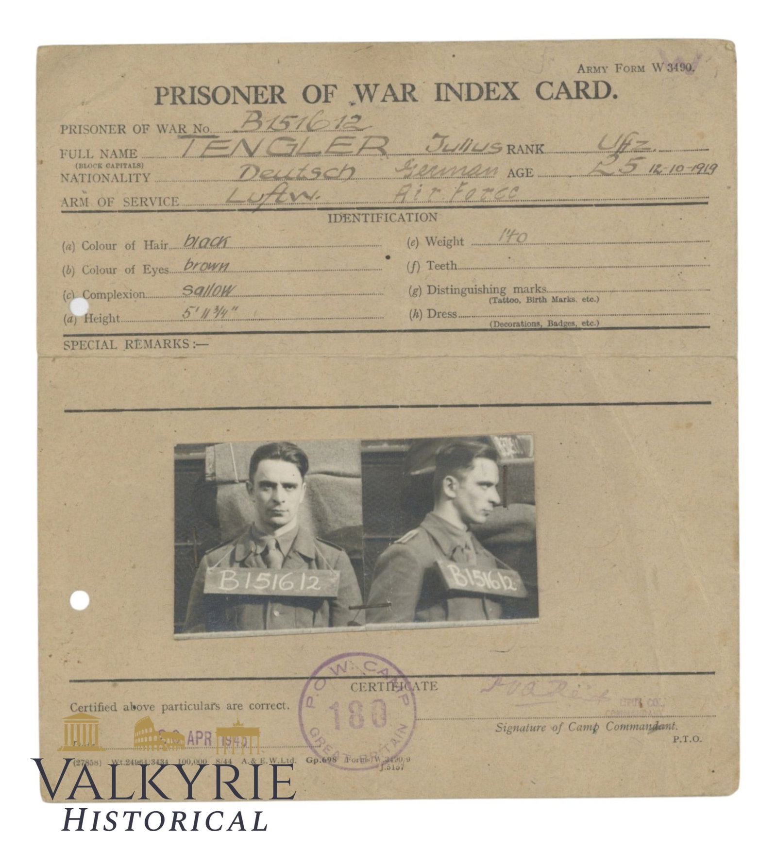 Index Card of a German Luftwaffe Prisoner of War of the Allies Captured in April 1945 During WW2 (1 of 3)