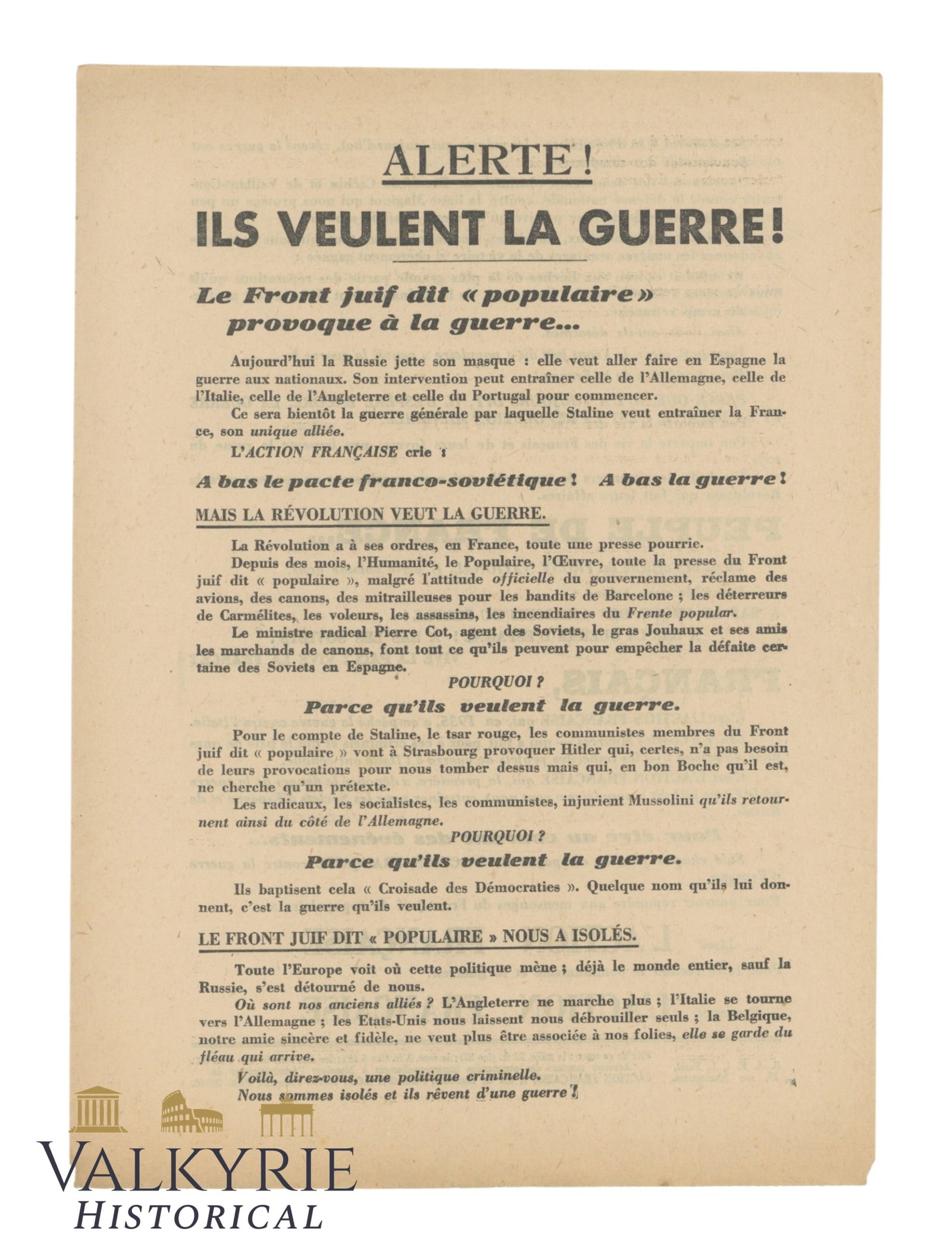 French Fascist Anti-Semitic Propaganda Leaflet "Alert! They Want War! The So-called Jewish Front..." (1 of 2)