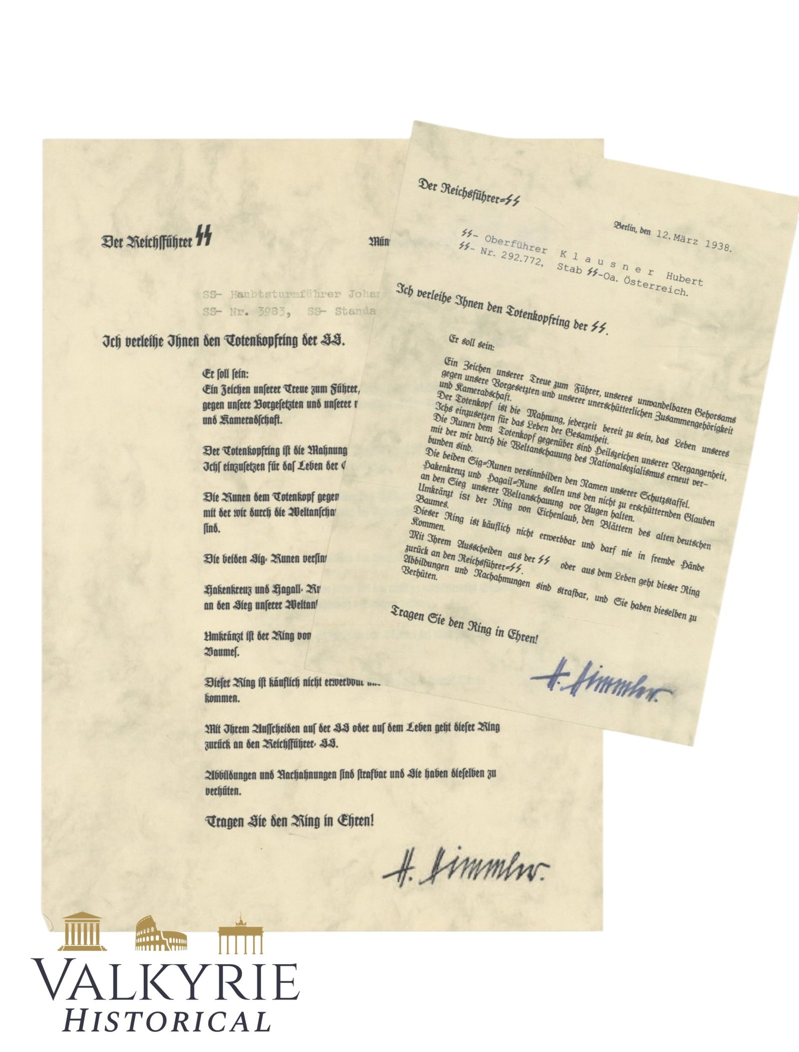 Award Letters by Heinrich Himmler to 2 Bearers of the SS Totenkopfring - Year 1938 (1 of 3)