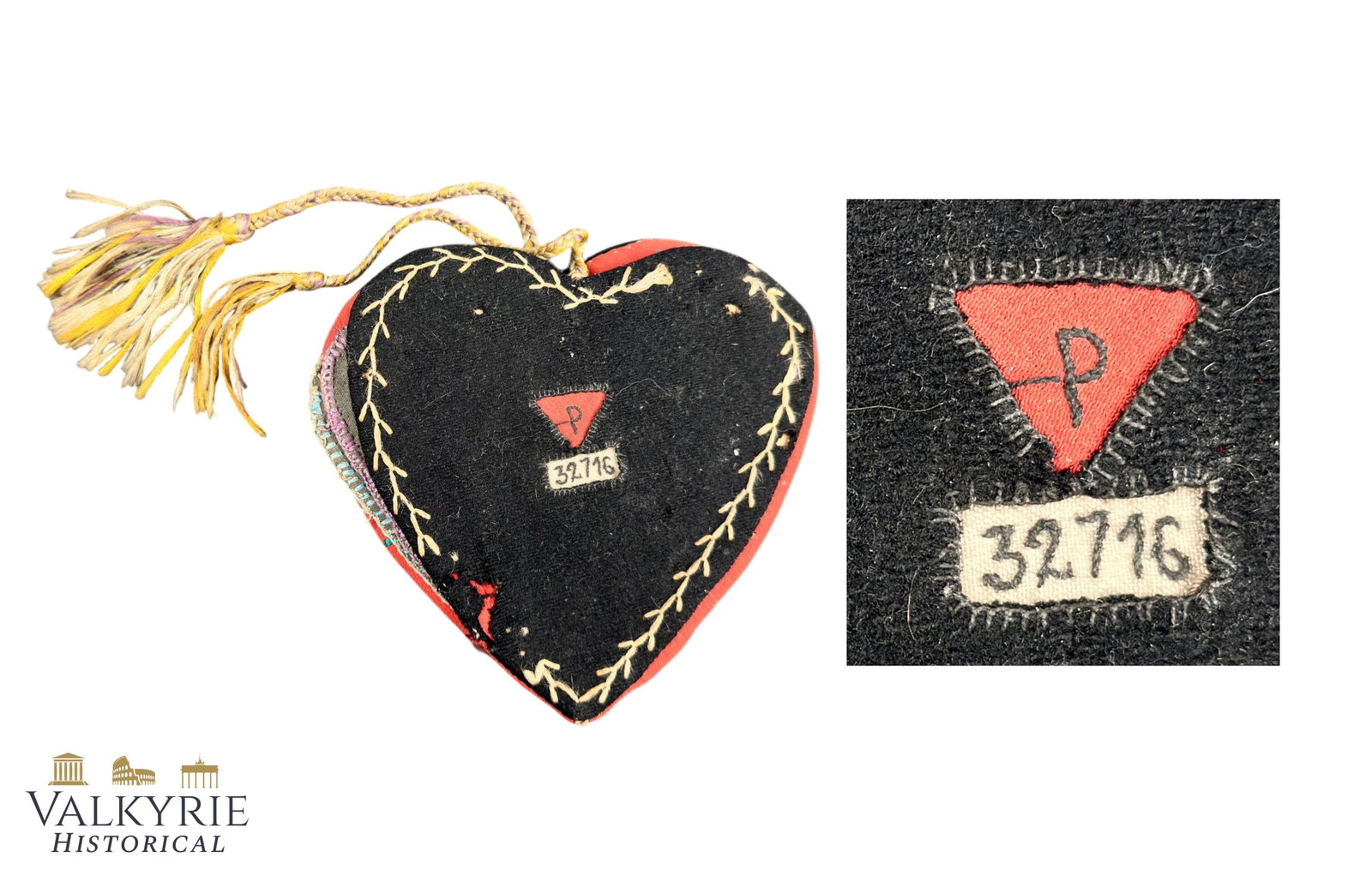 Souvenir Cloth Album Made By KL Ravensbruck Female Polish Political Prisoner Number 32716: Souvenir Cloth Album Made By KL Ravensbruck Female Polish Political Prisoner Number 32716. We find info in German archives ,this inmate number was belonged to Swiderska Janina , born 1924. This heart 