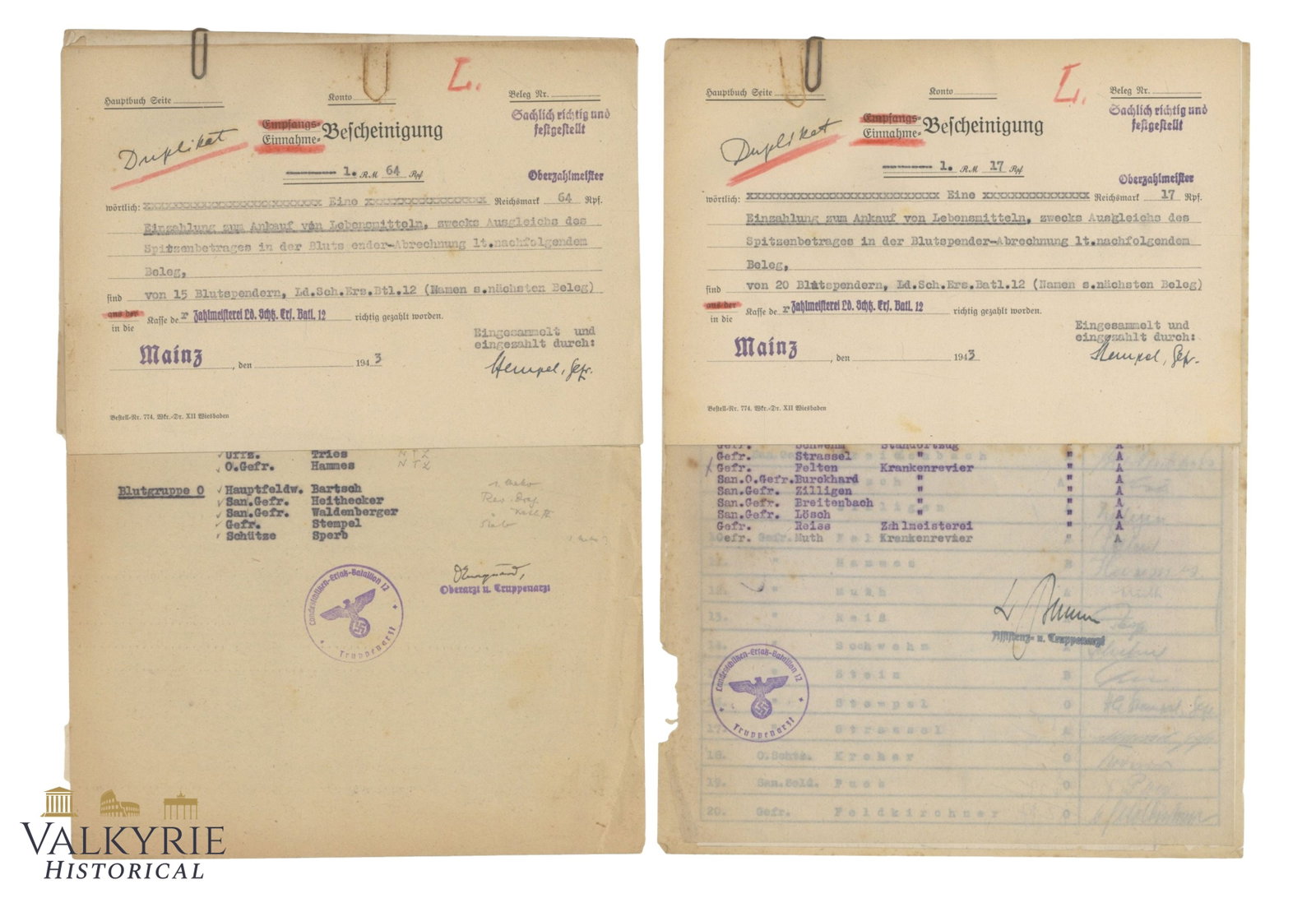 Set of Wehrmacht Documents Related to Blood Donors and Receivers in a Soldiers' Hospital in Mainz (1 of 15)