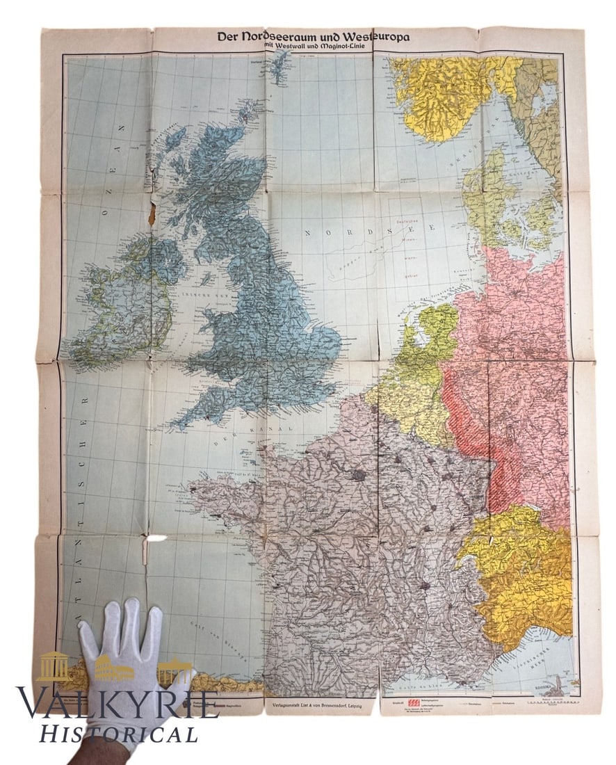 Huge III Reich Period Political Poster "North Sea Area and West Europa With Maginot and West Wall": Huge III Reich Period Political Poster "North Sea Area and West Europa With Maginot Line and West Wall". Foldable. Some ripped parts but complete. Printed by List & Bressensdorf - Leipzig. Shipping fl