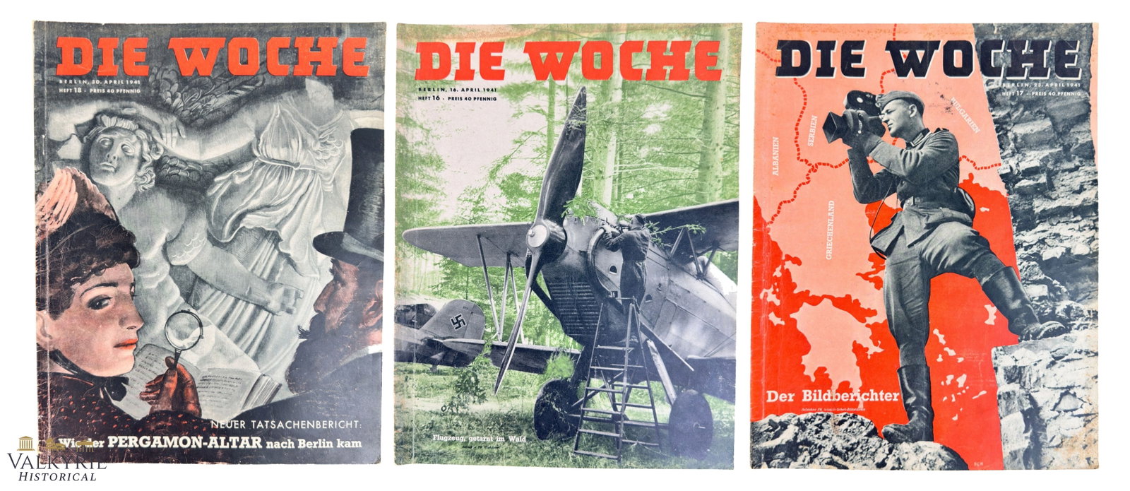 3 Numbers of the German Illustrated Magazine "Die Woche" - Nr. 16, 17 & 18 of 1941: 3 Numbers of the German Illustrated Magazine "Die Woche" - Nr. 16, 17 & 18 of 1941. Very illustrated. Shipping flat cost $25 it doesn't matter how many items you win. you pay just $25 for shipping.