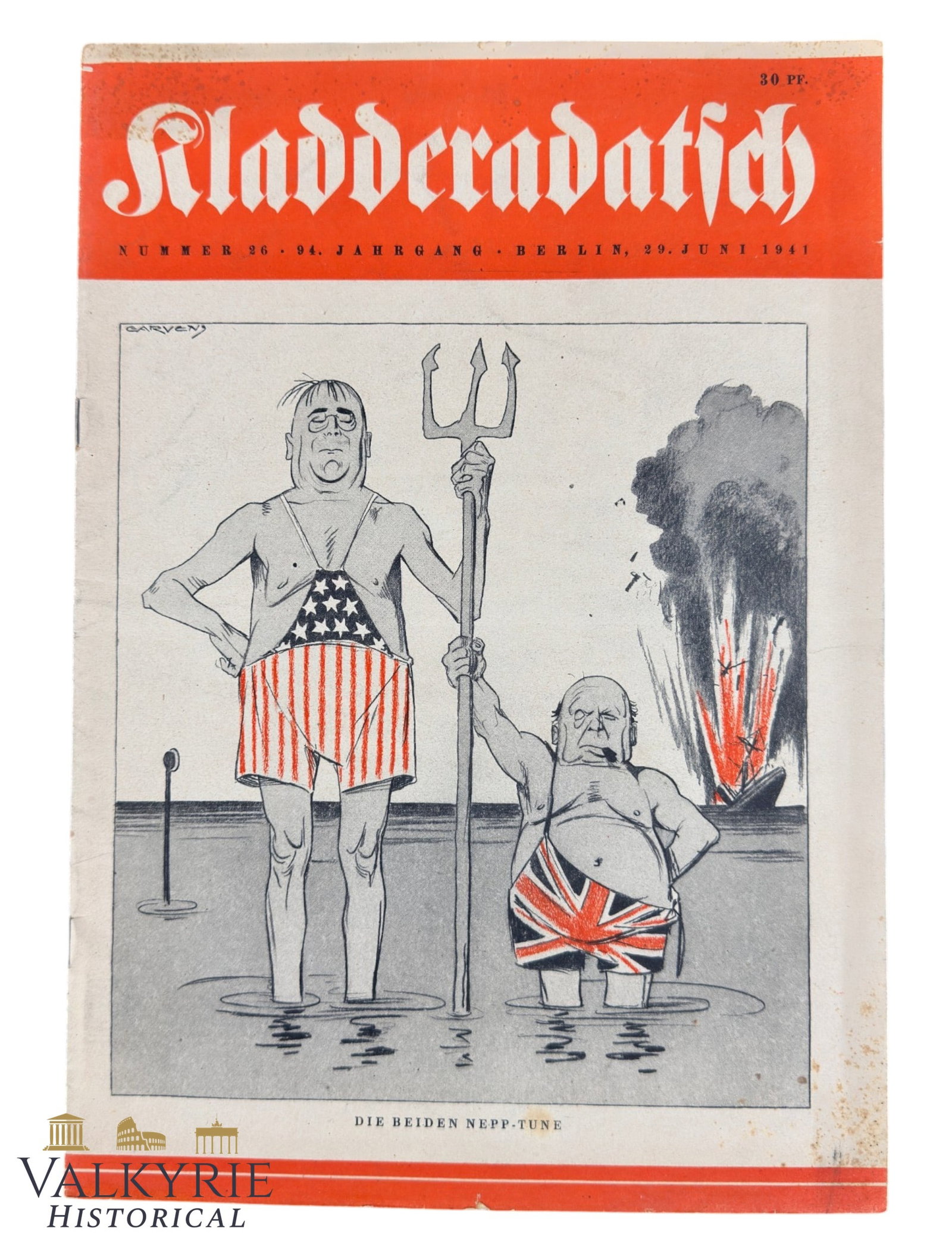 German Humor Magazine "Kladderadatscht" With Anti-Allied Cover - Year 1941 - Nr. 26: German Humor Magazine "Kladderadatscht" With Anti-Allied Cover - Year 1941 - Nr. 26. We can see a cartoon with Roosevelt and Churchill in a ridiculous pose as Neptunos. Shipping flat cost $25 it doesn