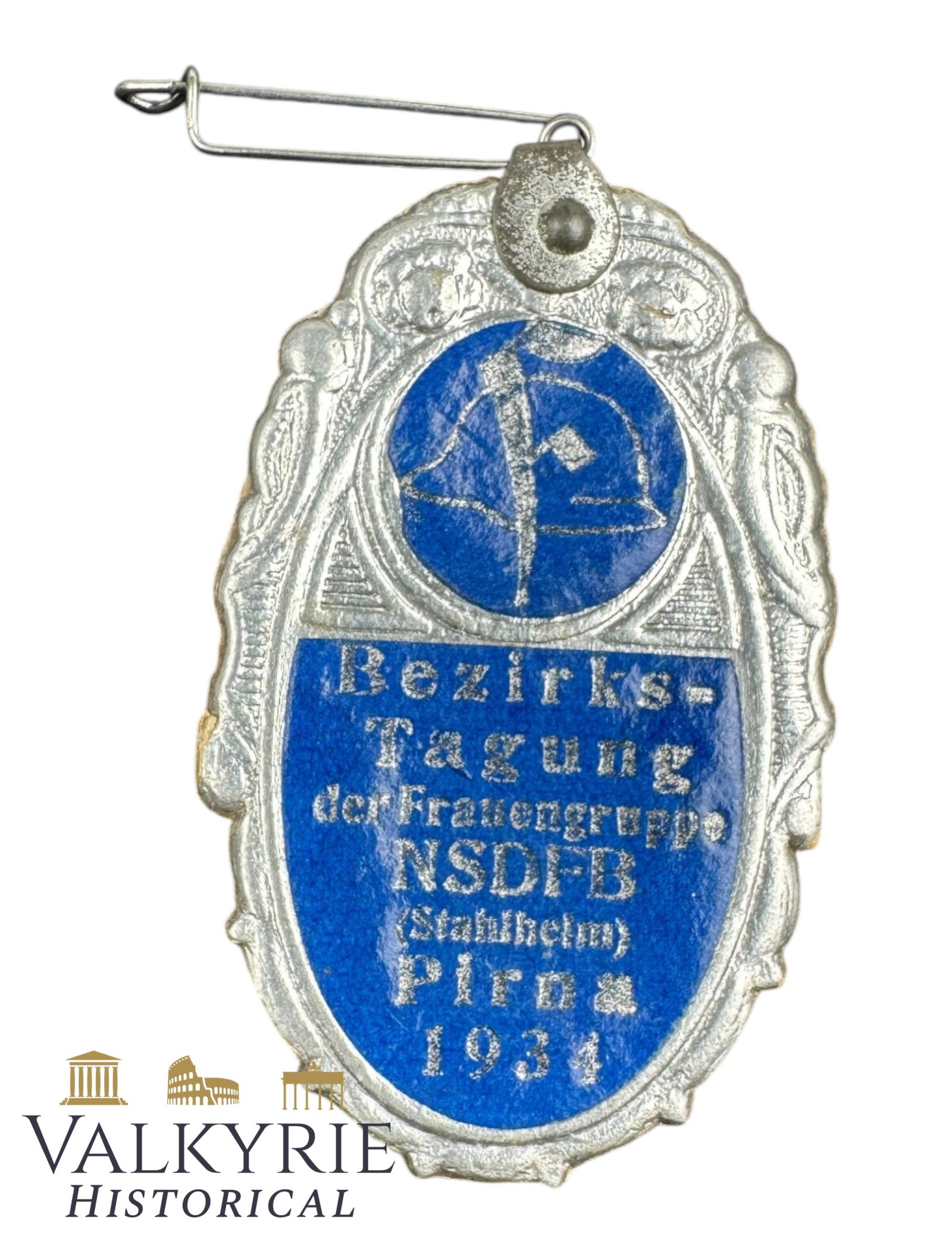 German Metal Badge "District Meeting Women's Group NSDFB Stahlhelm Pirna 1934": German Metal Badge "District Meeting Women's Group NSDFB Stahlhelm Pirna 1934". Needle system working. Shipping flat cost $25 it doesn't matter how many items you win. you pay just $25 for shipping.