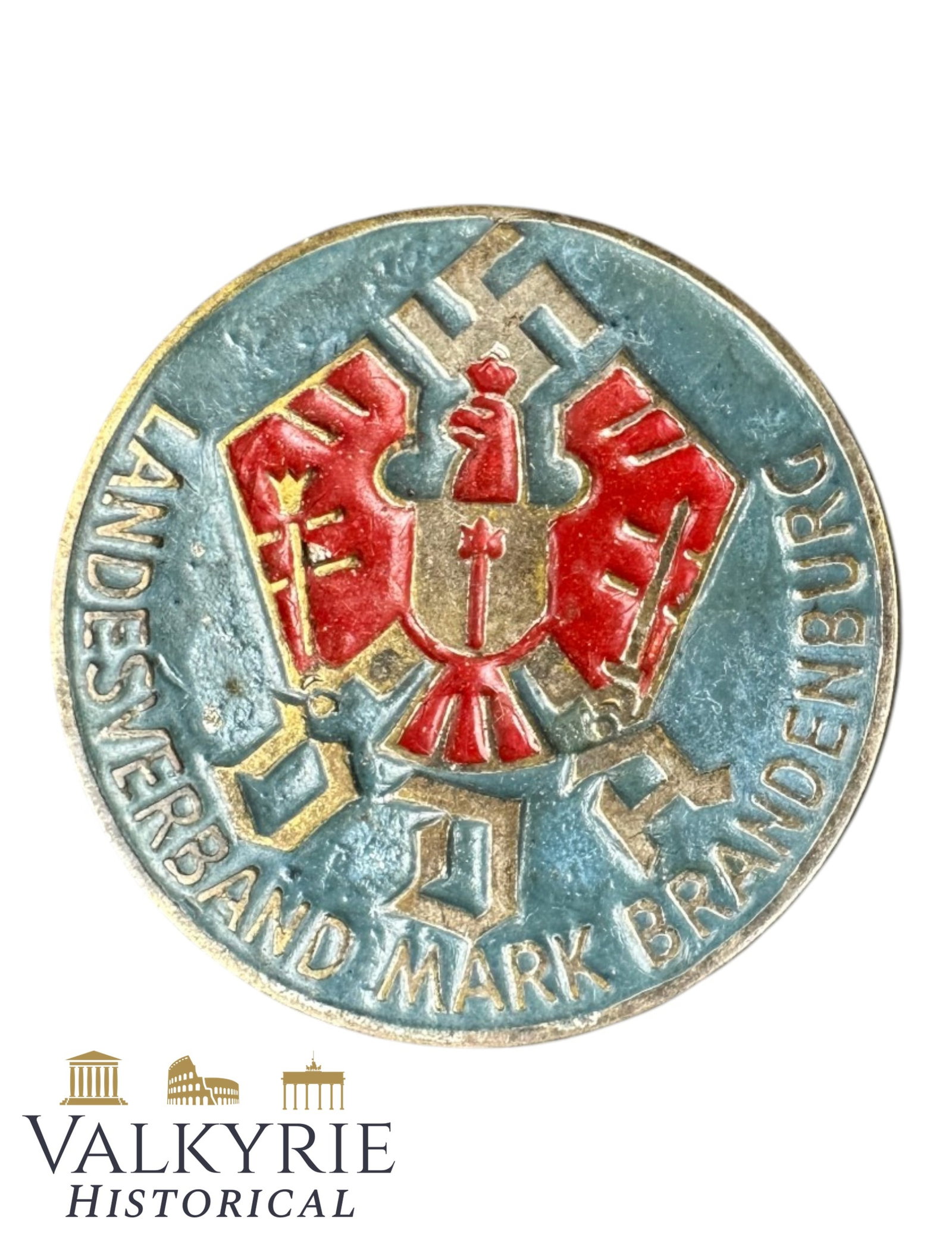 German Metal Badge "State Association Mark Brandenburg - VDA": German Metal Badge "State Association Mark Brandenburg - VDA". VDA was the Association for German Cultural Relations Abroad. Needle system working perfectly. Shipping flat cost $25 it doesn't matter h