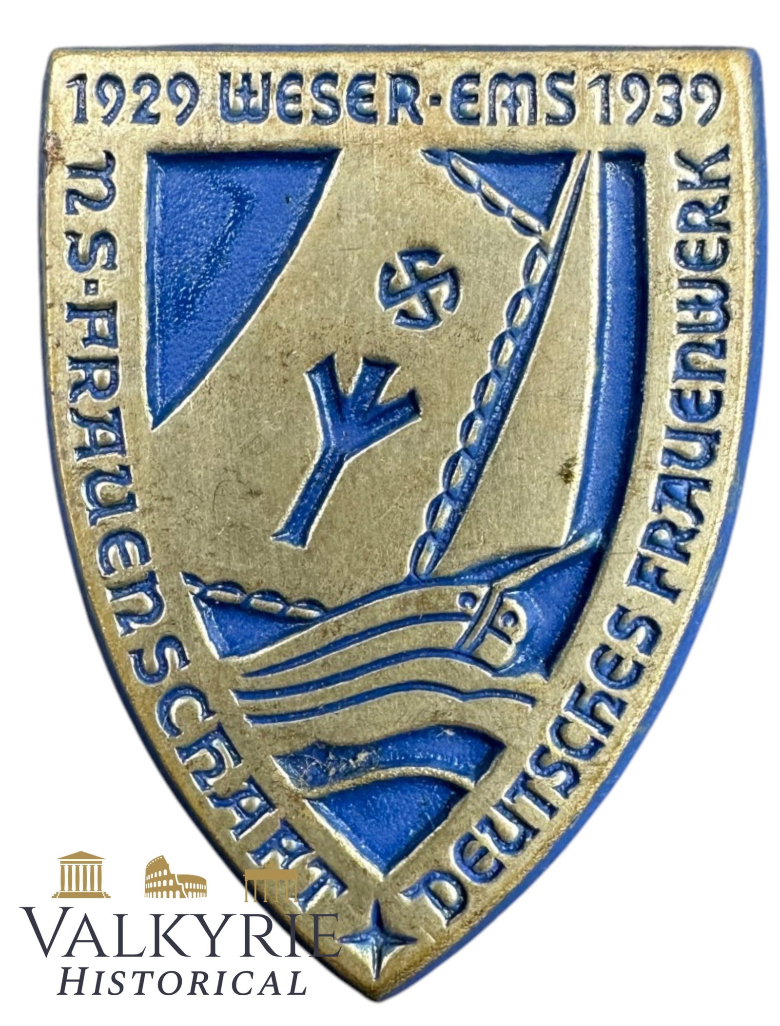 German Metal Badge of the German NS Womens' Association 1929 Weser-Ems 1939: German Metal Badge of the German NS Women's' Association 1929 Weser-Ems 1939. Needle system working perfectly. Shipping flat cost $25 it doesn't matter how many items you win. you pay just $25 for shi