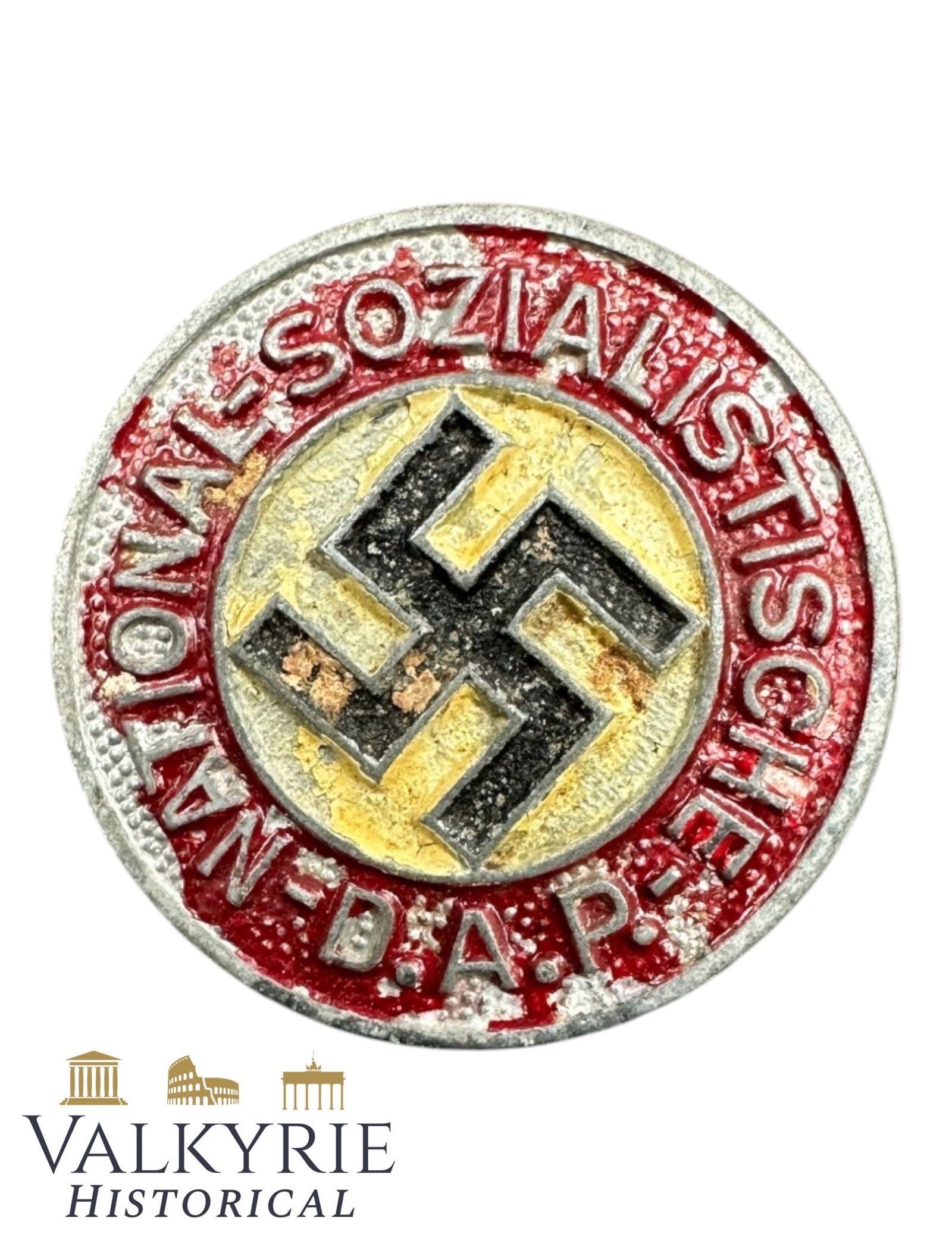 Late War Period NSDAP Membership Pin Maker Marked M1/17: Late War Period NSDAP Membership Pin. Made from zinc and painted instead of enamelled. Maker marked on reverse M1/17. Needle system working. Shipping flat cost $25 it doesn't matter how many items you